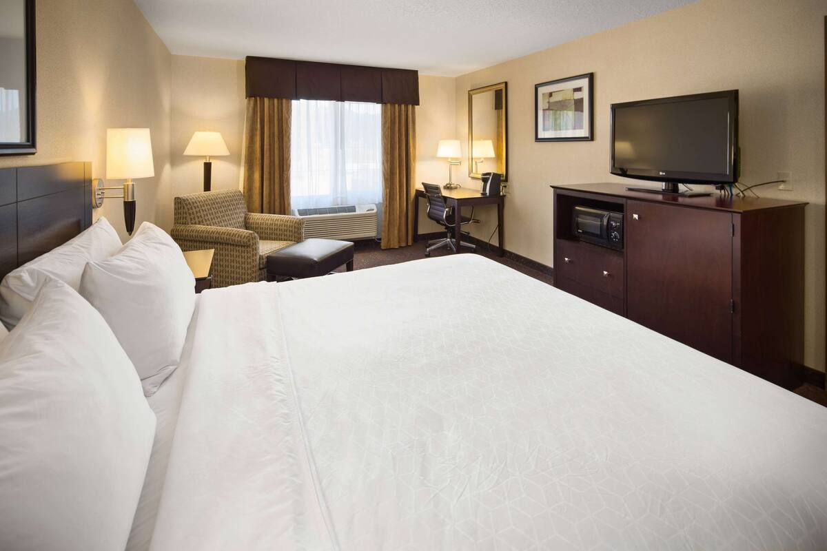 Una habitación de hotel con una cama grande, un escritorio con silla, un televisor y un minibar.