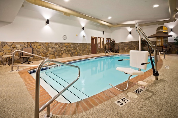 Indoor pool, open 8 AM to 10 PM, pool loungers