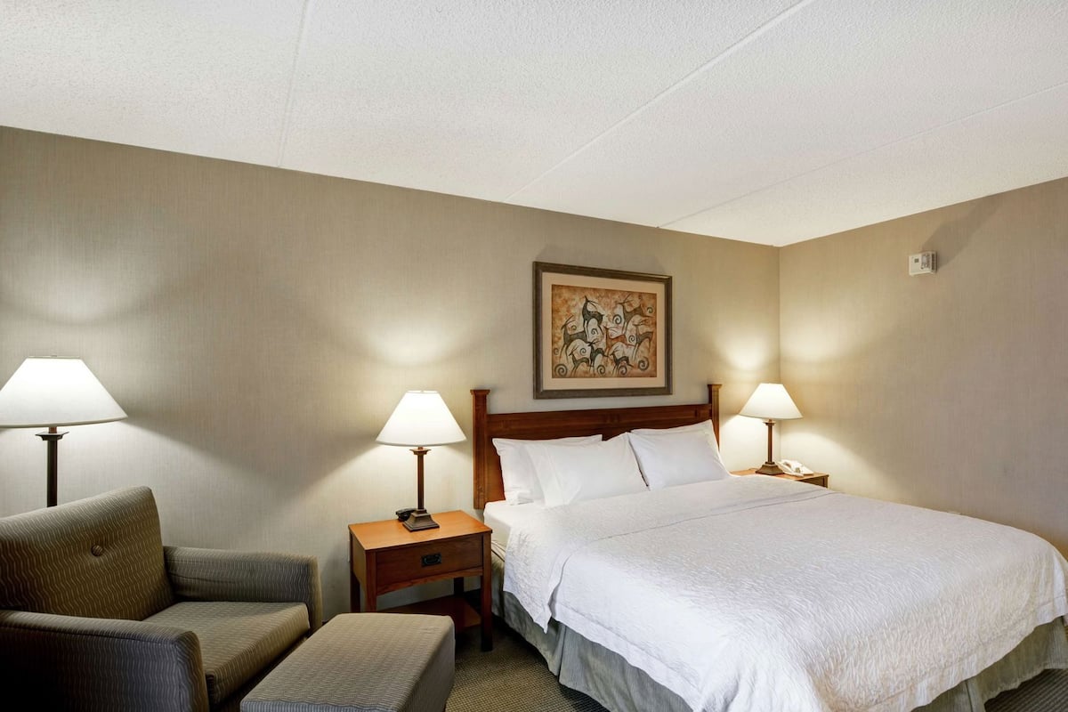 A hotel room with a bed, two bedside lamps, a nightstand, a chair, and a wall-mounted painting.