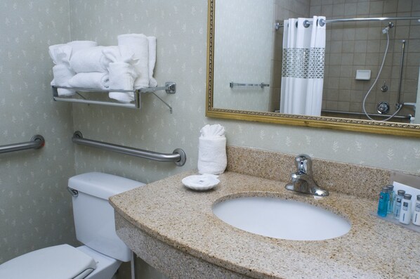 Studio, 1 Double Bed, Accessible, Non Smoking (Roll-In Shower) | Bathroom | Combined shower/tub, free toiletries, hair dryer, towels