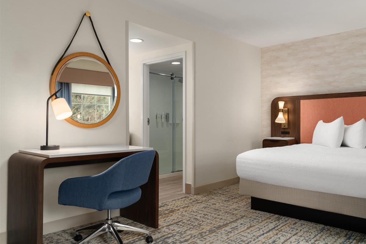 Una habitación de hotel con cama, escritorio, silla y espejo.