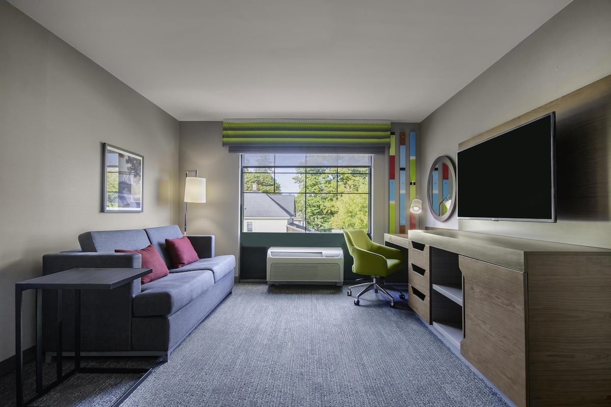 A modern hotel room with a grey sofa, a small table, a TV, and a window with a view of buildings and trees.