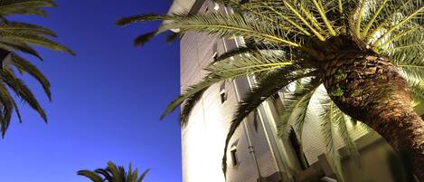 A hotel with a modern design, featuring a curved facade and large windows. Palm trees are visible in the foreground, suggesting a tropical setting.