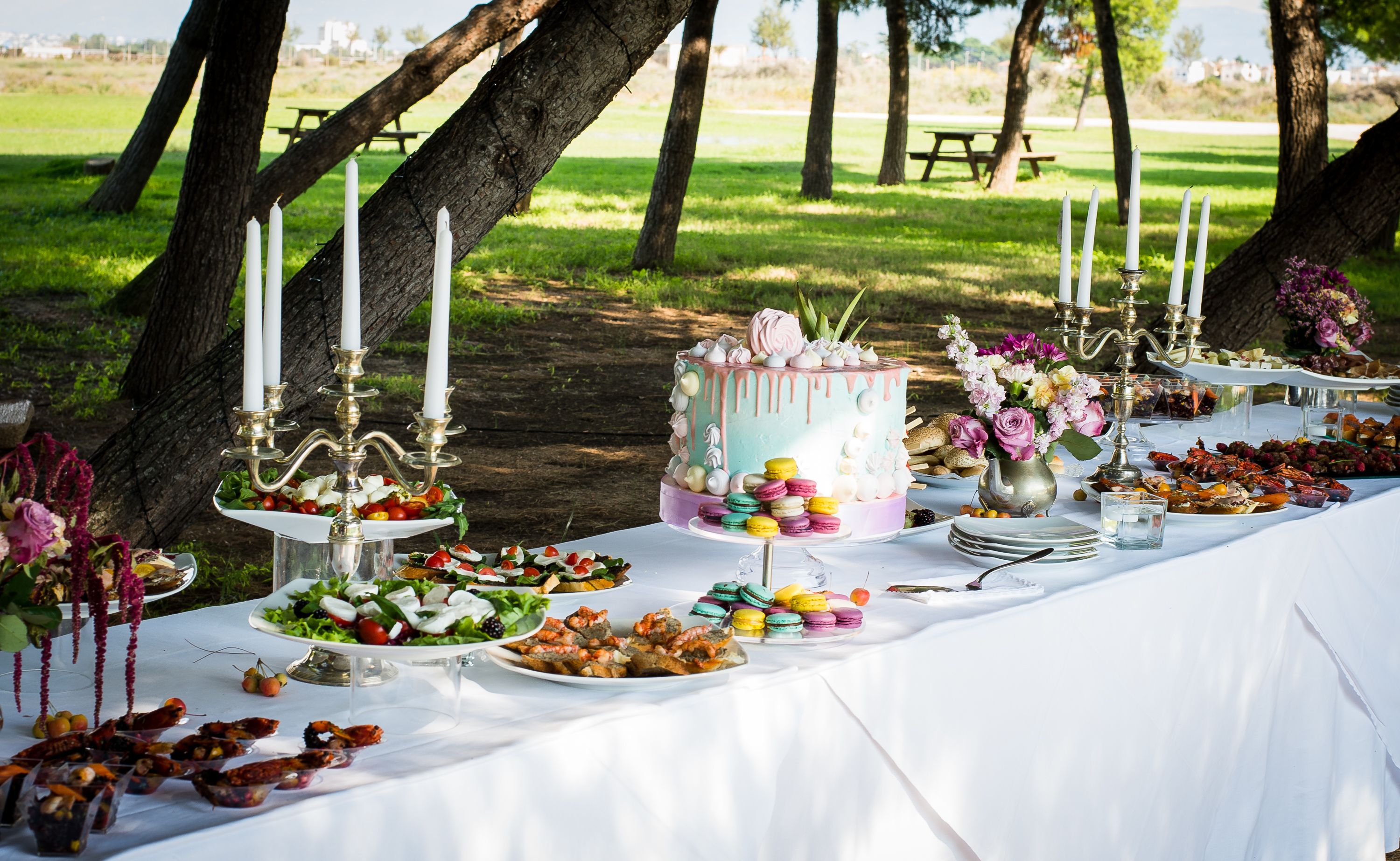 A table set outdoors with a variety of food items, a cake, and candles.