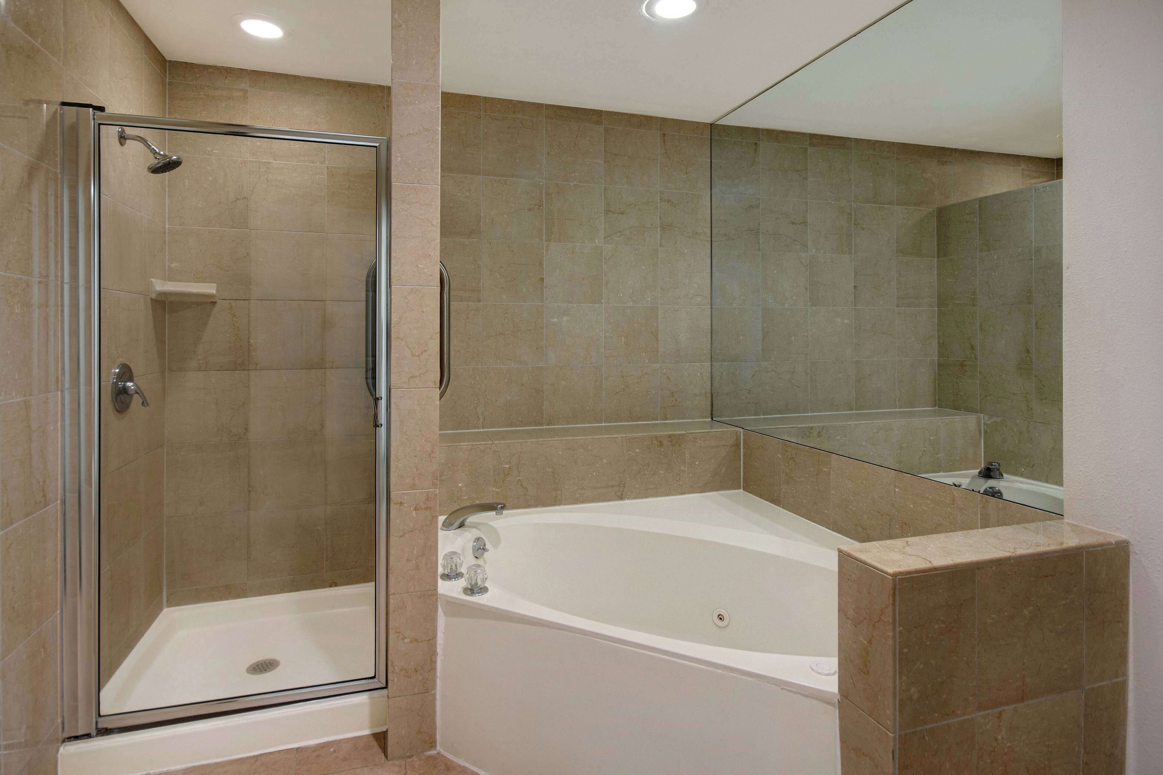 Un baño con ducha de vidrio, bañera independiente y un espejo grande.