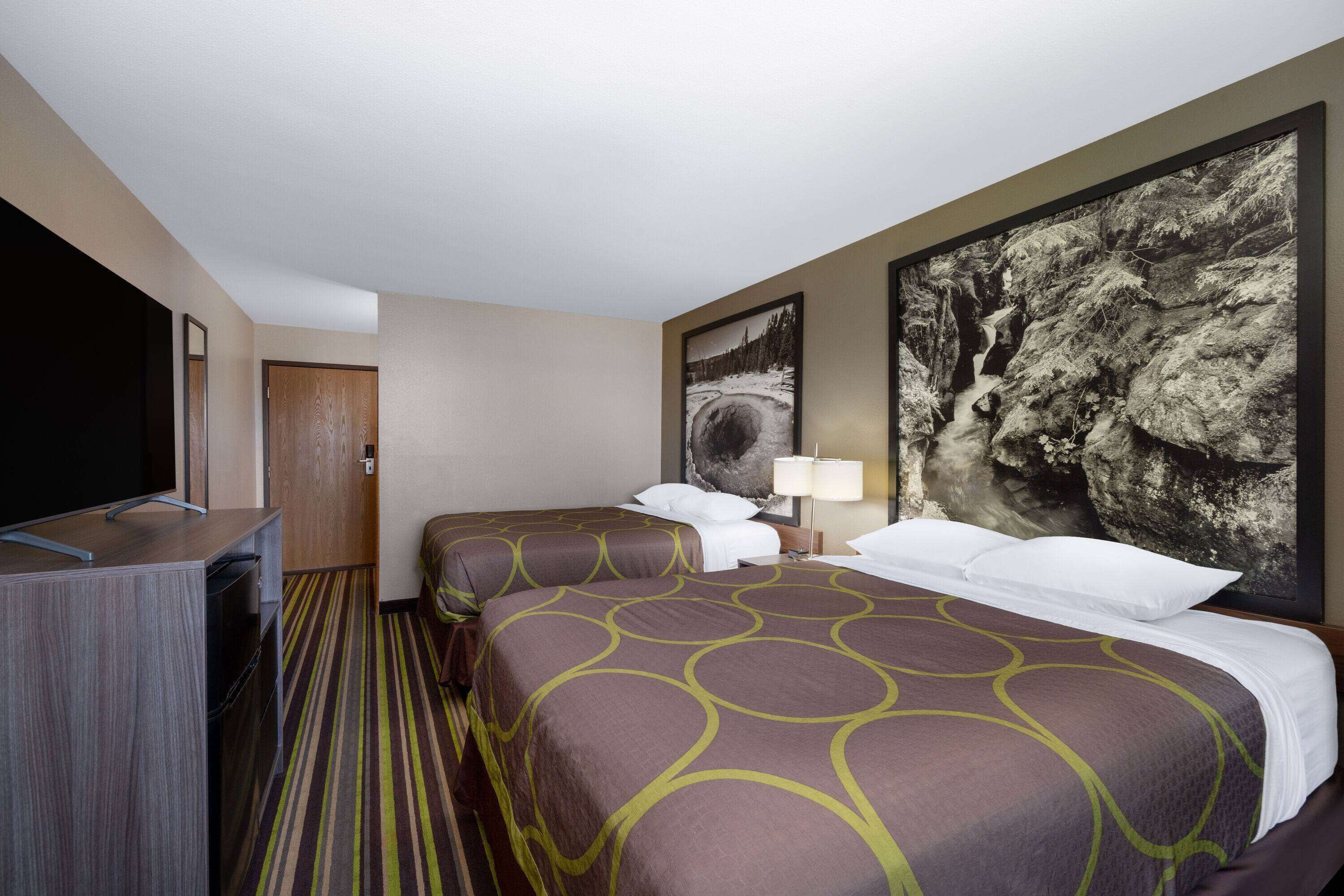 Habitación de hotel con dos camas, un televisor, un escritorio y obras de arte en las paredes.