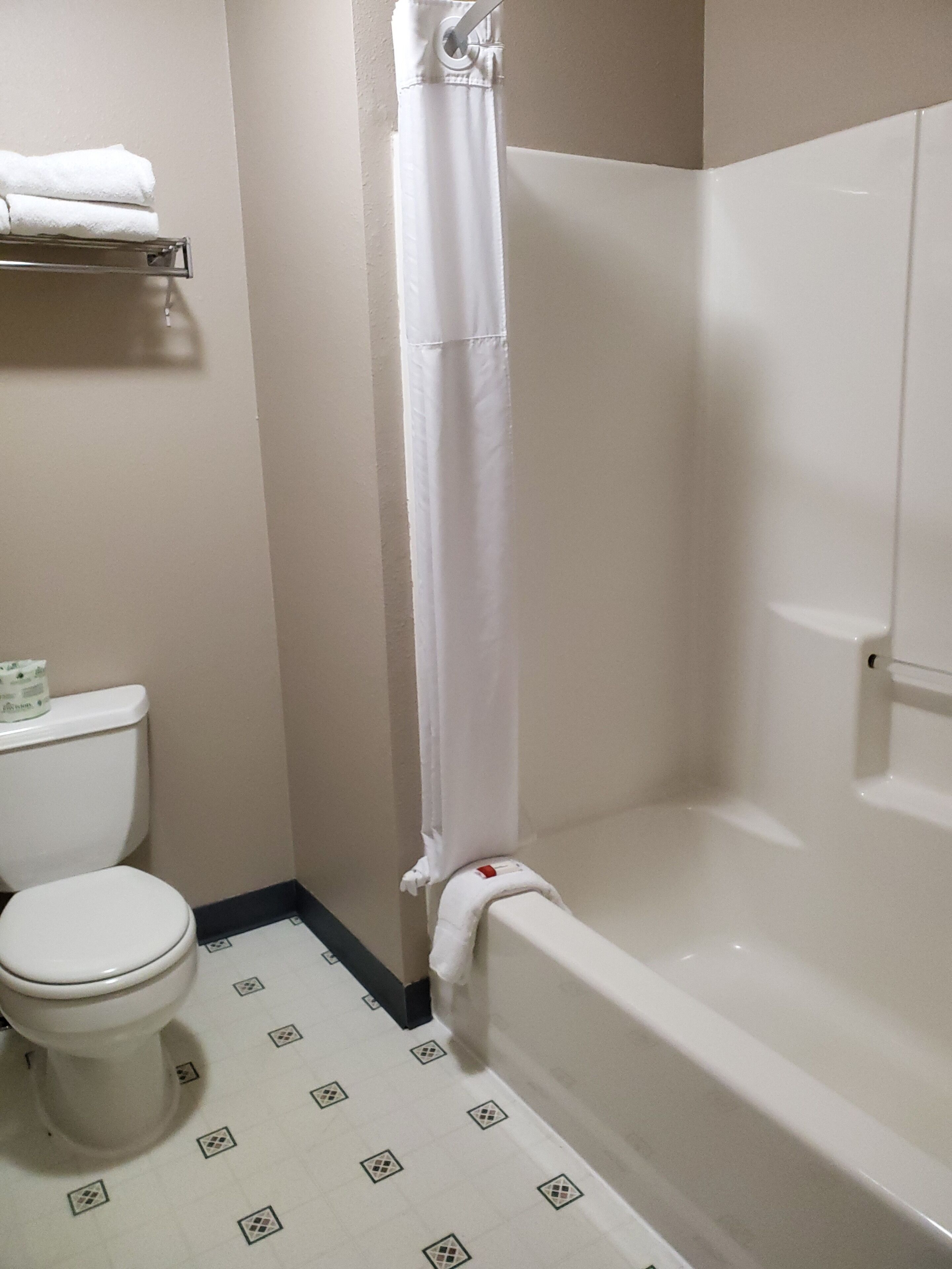 A small bathroom with a toilet, a bathtub, and a shower curtain.