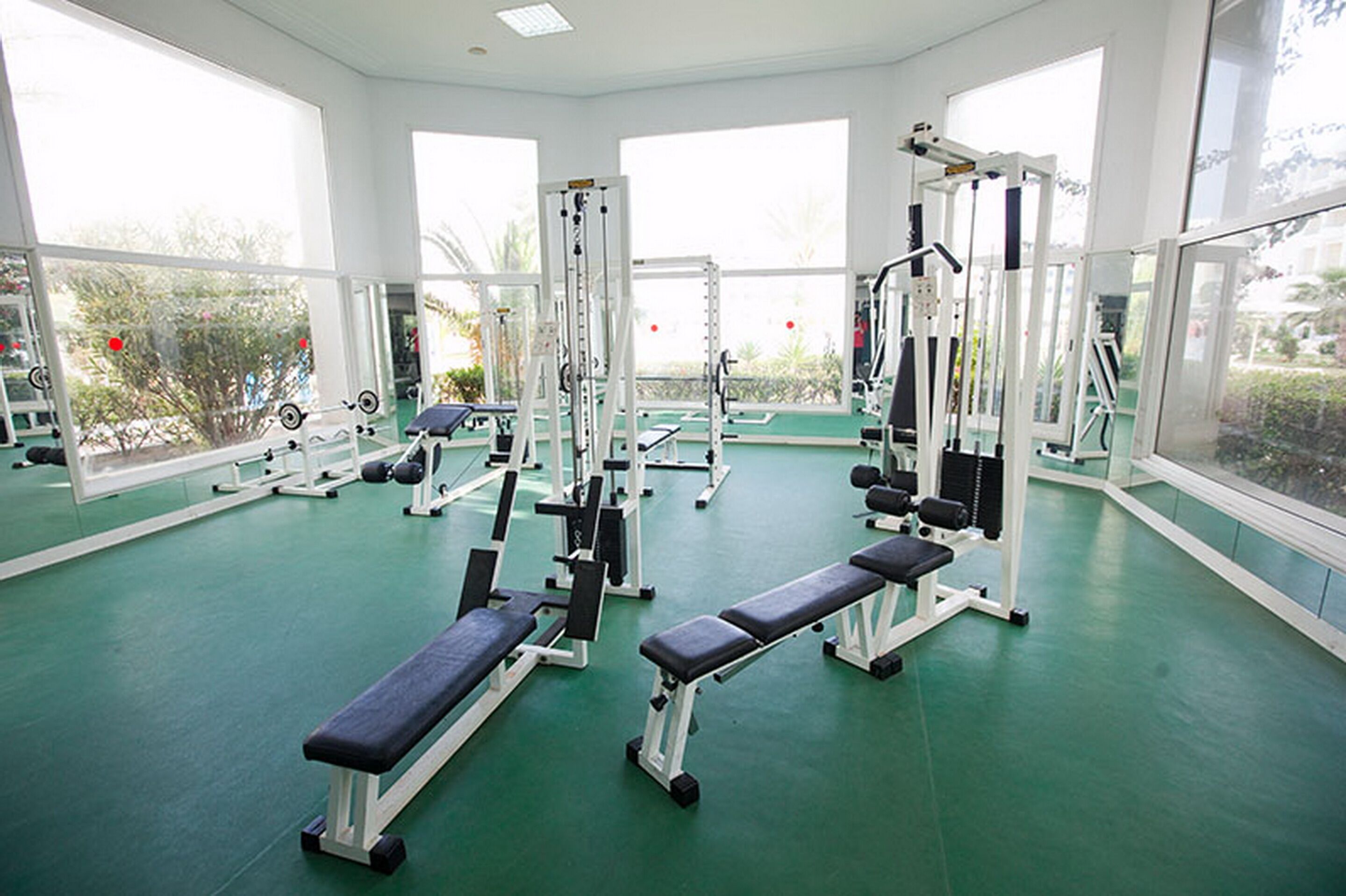 Academia com diversos equipamentos de ginástica, amplas janelas e piso verde.