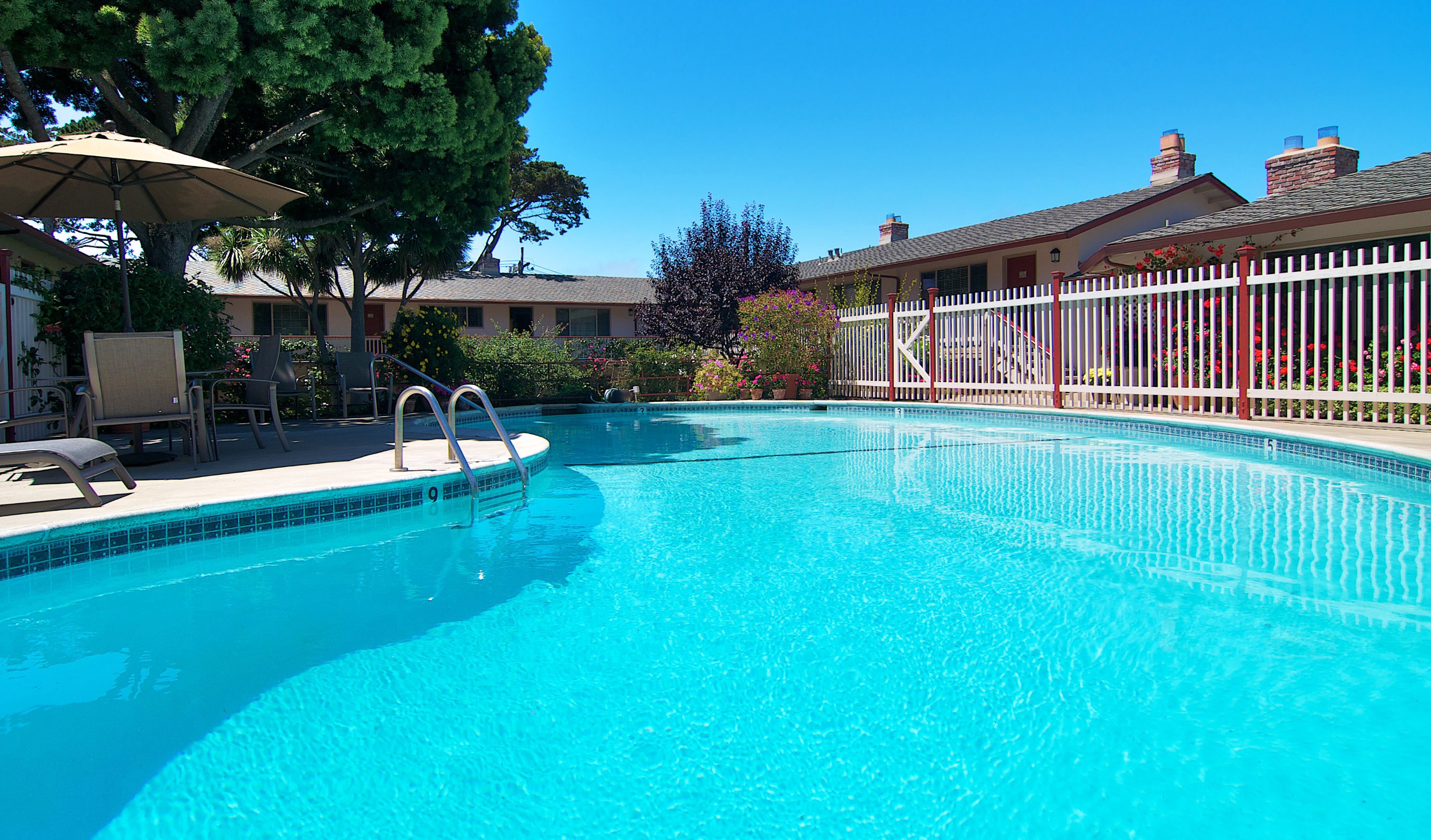 outdoor pool, pool loungers