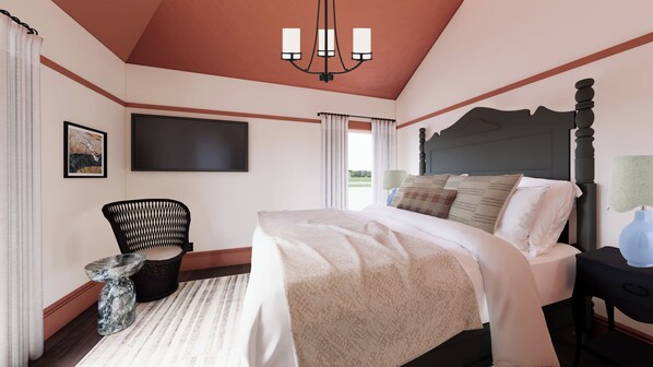 A bedroom with a bed, a television, a chair, and a nightstand. - Centrella Hotel, A Kirkwood Collection Hotel (Pacific Grove)