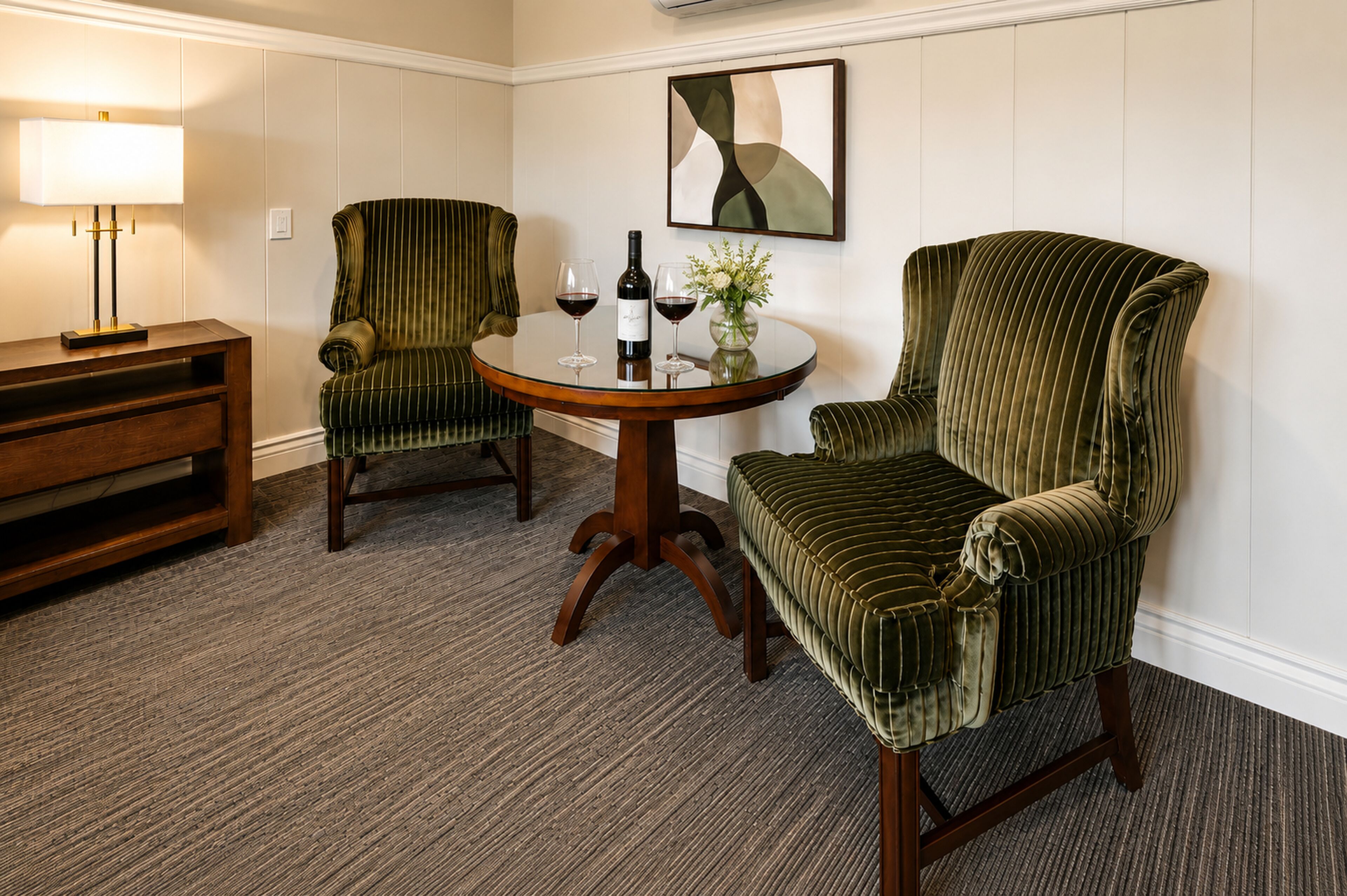 Premium bedding, pillowtop beds, desk, laptop workspace