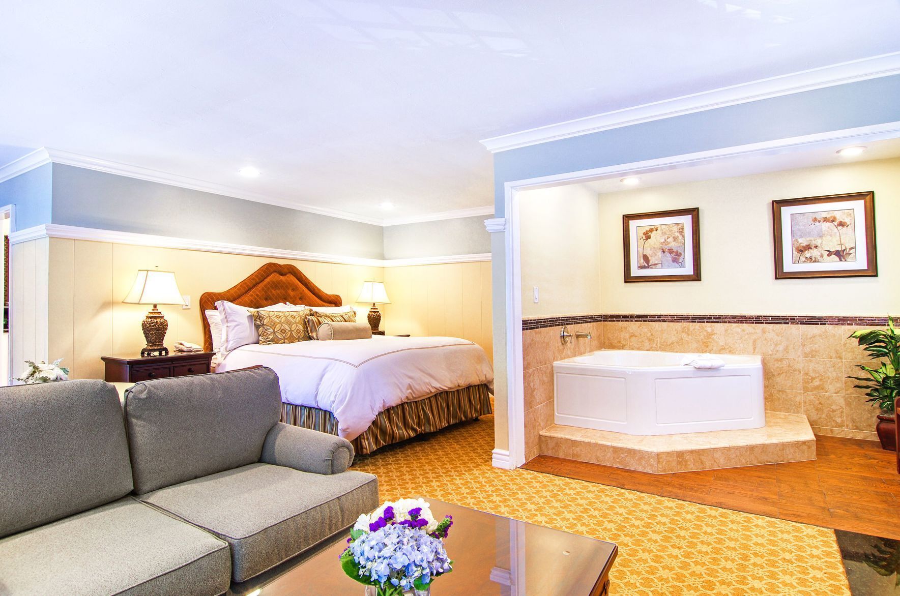 Premium bedding, pillowtop beds, desk, laptop workspace