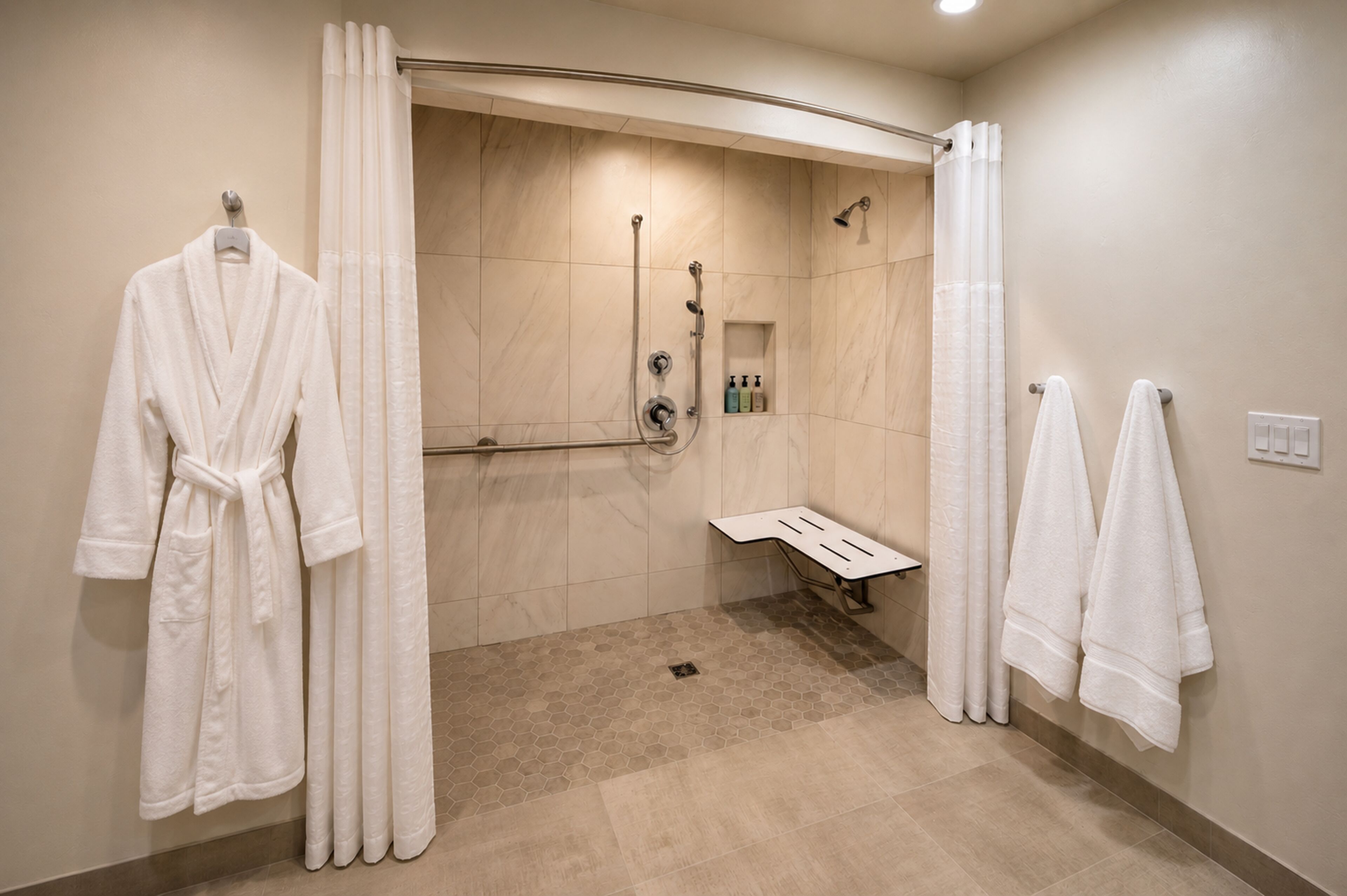 Standard Room, 1 King Bed, Roll-in Shower, Fireplace | Bathroom | Designer toiletries, hair dryer, bathrobes, towels