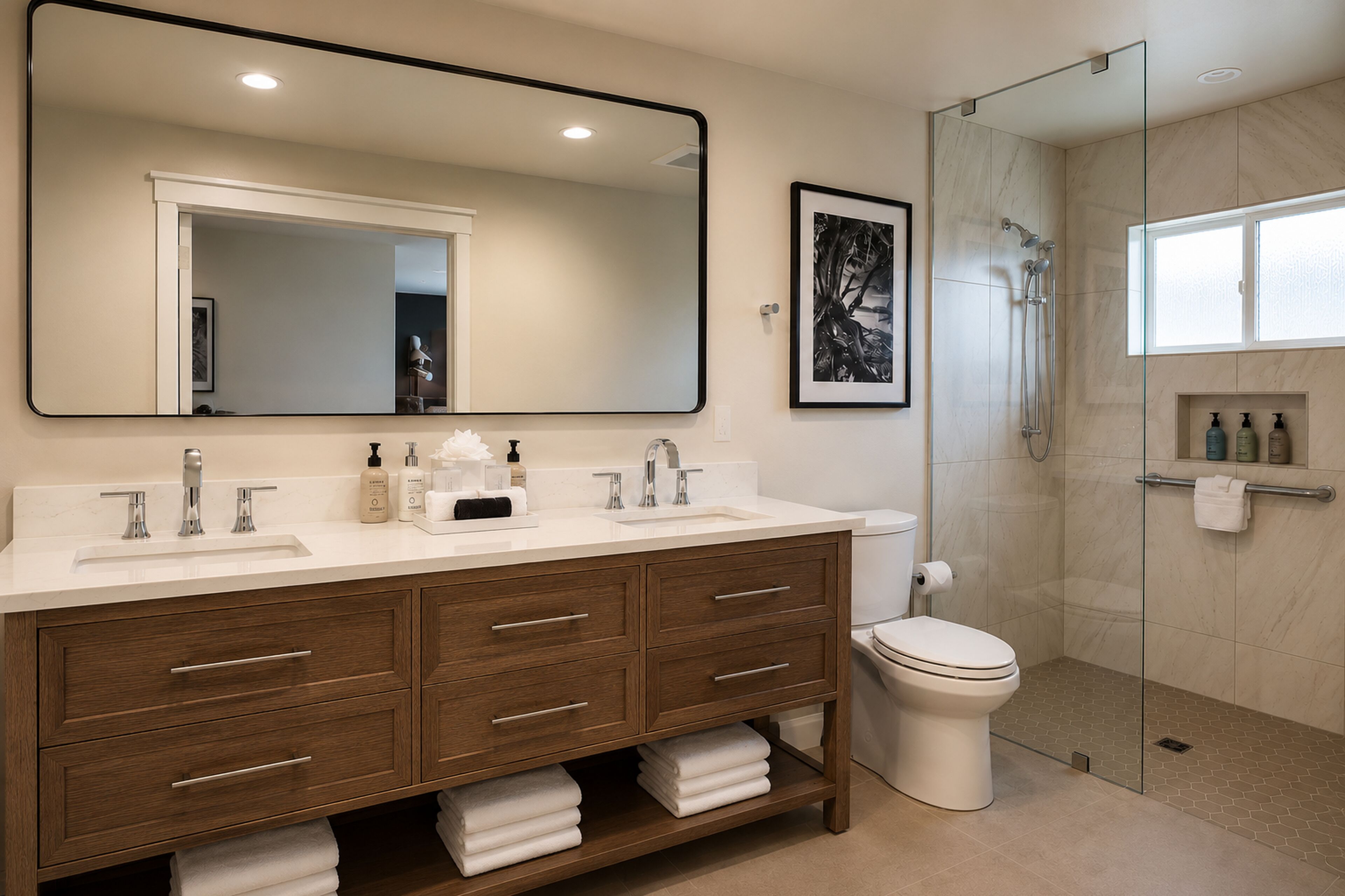 A modern bathroom with a large mirror, dual sinks, a shower enclosure, and a toilet.