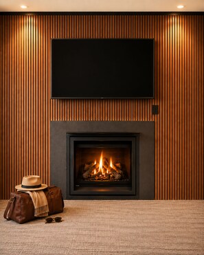 Una sala de estar moderna con chimenea, un televisor de pantalla plana montado encima y un bolso de cuero en el suelo.