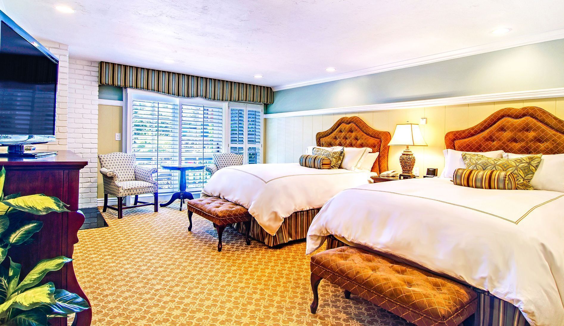 Premium bedding, pillowtop beds, desk, laptop workspace