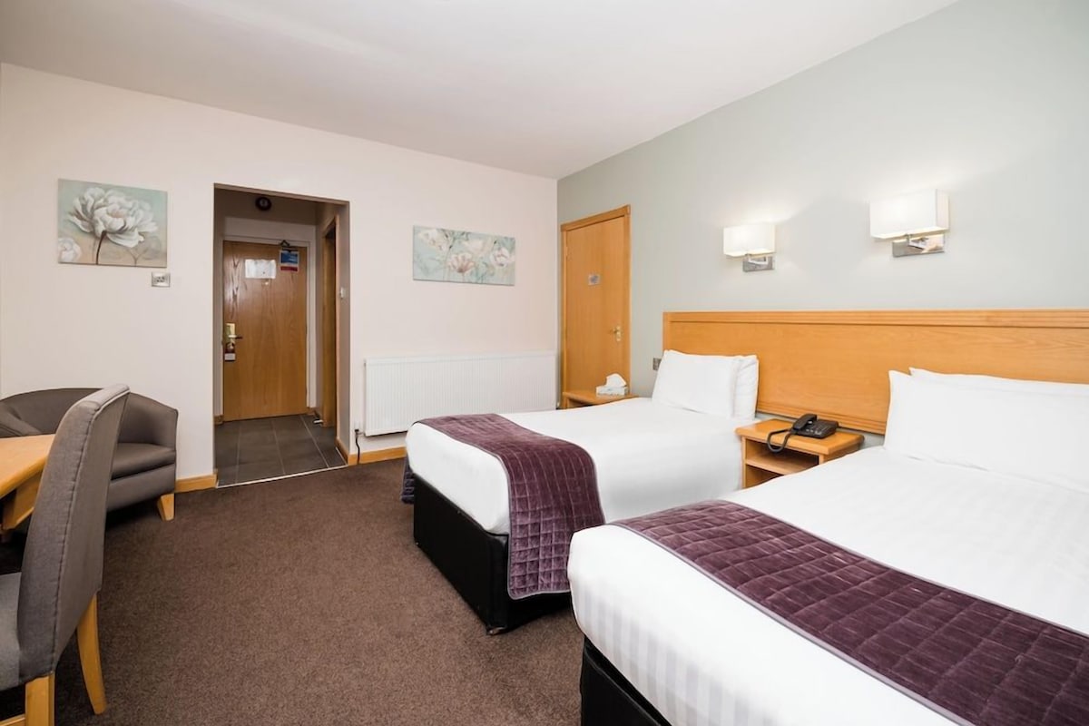 A hotel room with two beds, a desk, and a chair. There are two paintings on the walls, a door, and a radiator.