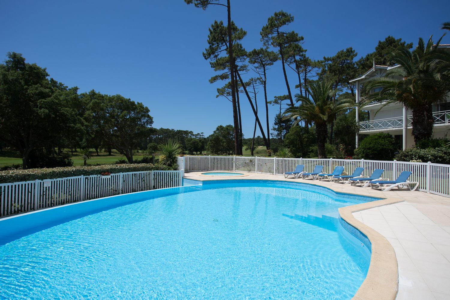 Piscina com borda curva, cercada por um muro branco e cadeiras de descanso azuis à beira da piscina.