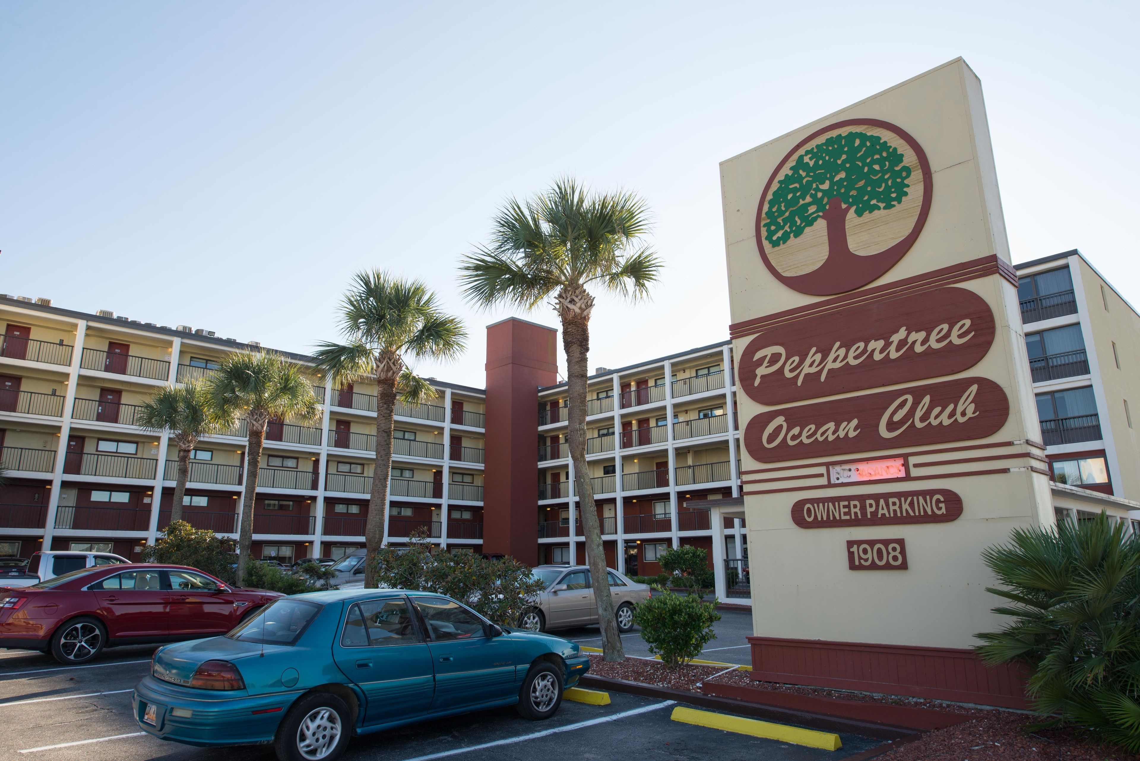 A hotel sign with a tree logo, indicating it is the Peppertree Ocean Club.