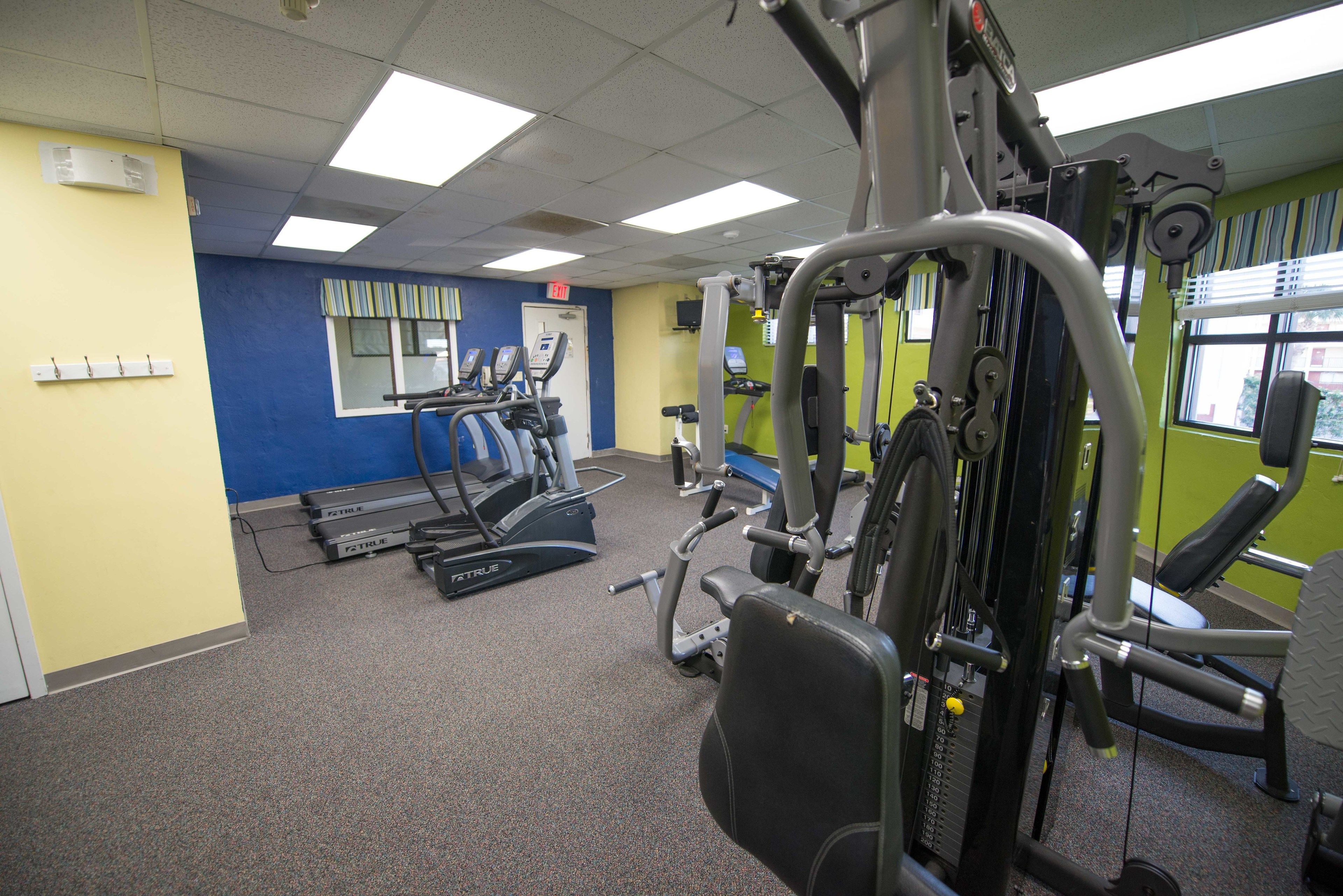 A gym with treadmills, weight machines, and a mirror.