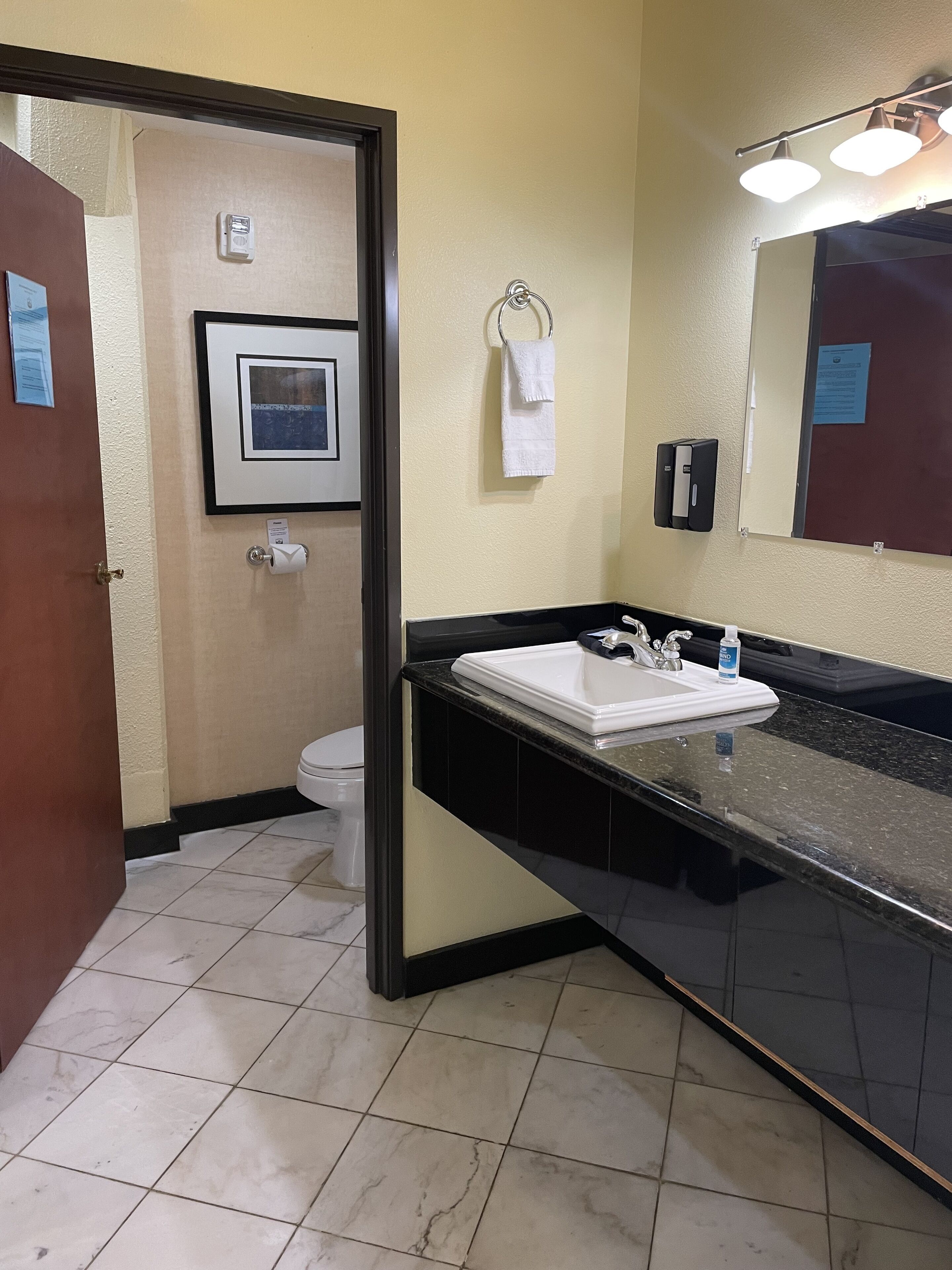 A bathroom with a black countertop, white sink, and a mirror. There is a toilet and a framed picture on the wall.