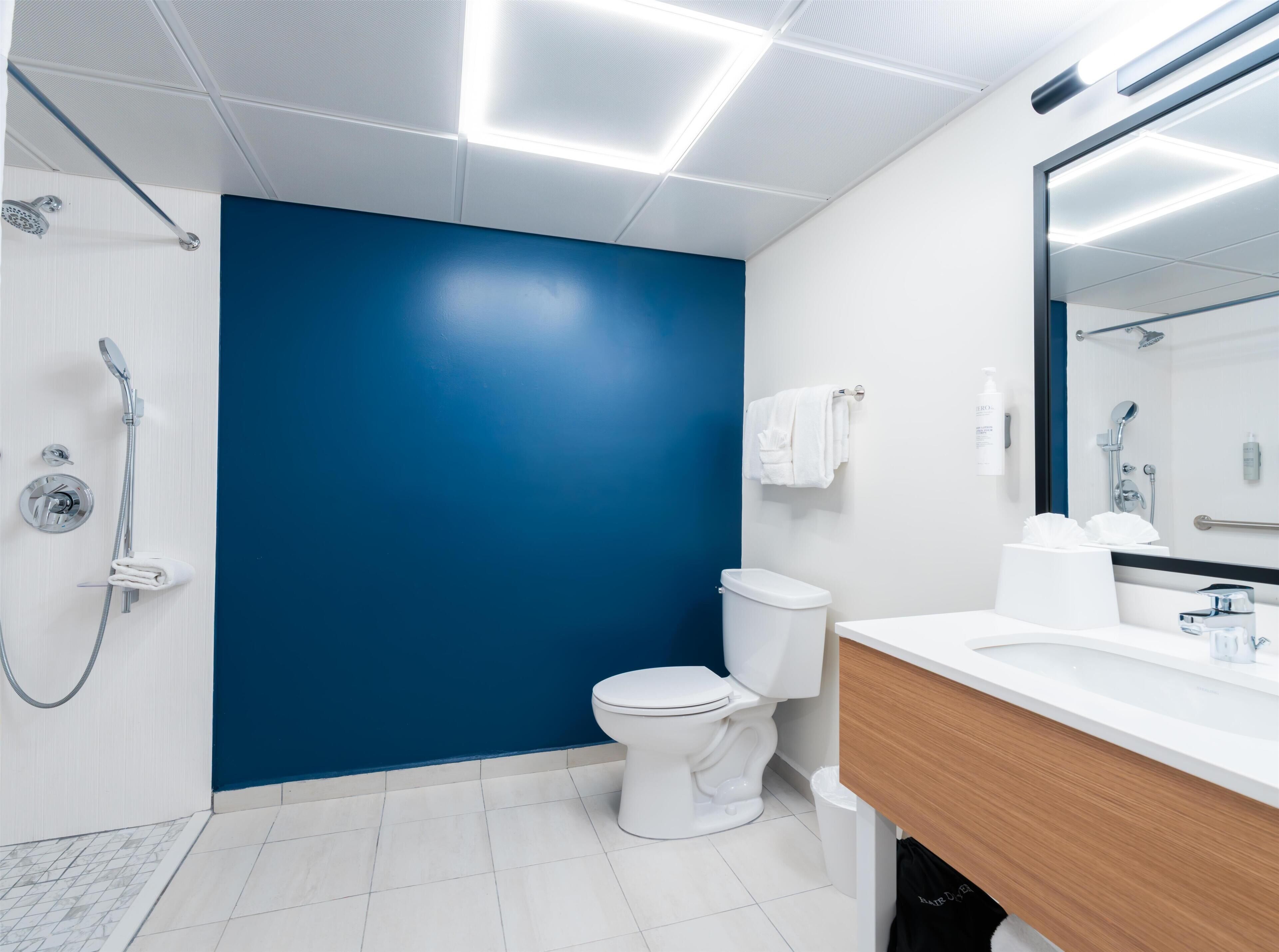 Une salle de bain moderne avec des toilettes blanches, un mur d’accent bleu, une douche équipée d’un pommeau de douche à main et un grand miroir au-dessus du lavabo.