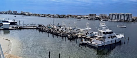 A marina with boats docked, a wooden pier, and buildings in the background.