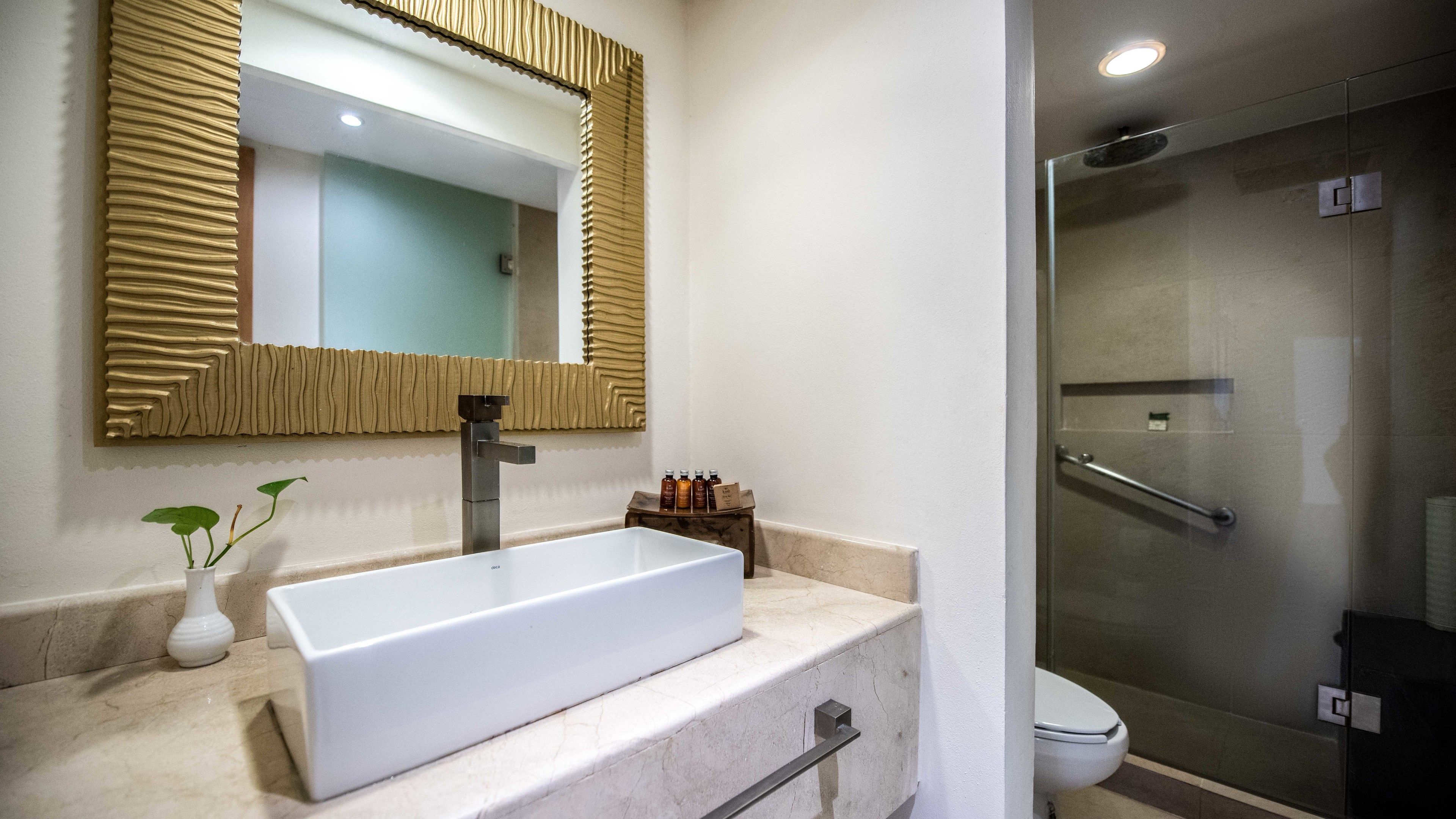 Un baño con un lavamanos grande y rectangular, un espejo con marco texturizado, una planta pequeña y un box de ducha de vidrio.