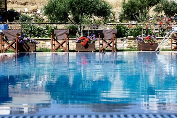 Piscine extérieure en saison, parasols, chaises longues