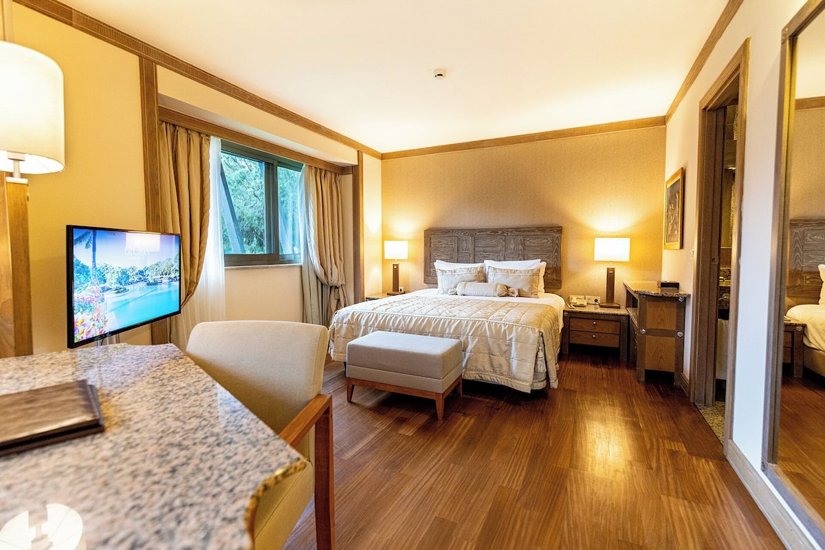 Quarto de hotel com cama, televisão, escrivaninha e janela com cortinas.