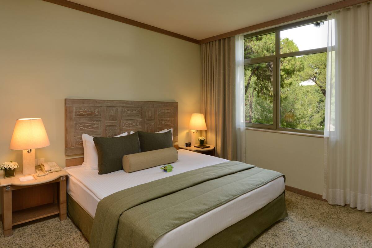 Quarto de hotel com uma cama grande, duas mesas de cabeceira com abajures, uma cabeceira de madeira e uma janela com cortinas.
