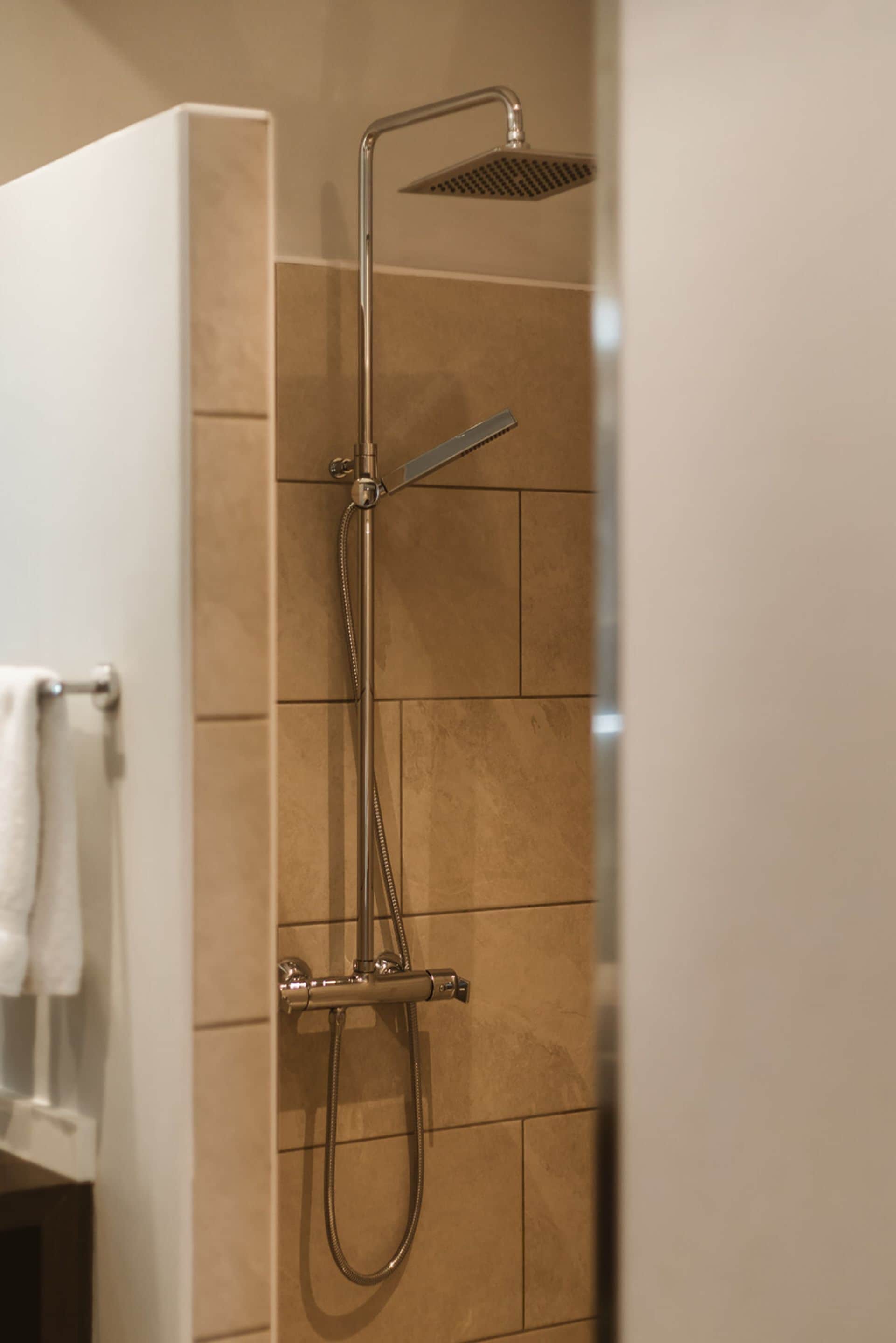 A shower with a handheld showerhead and a wall-mounted faucet.