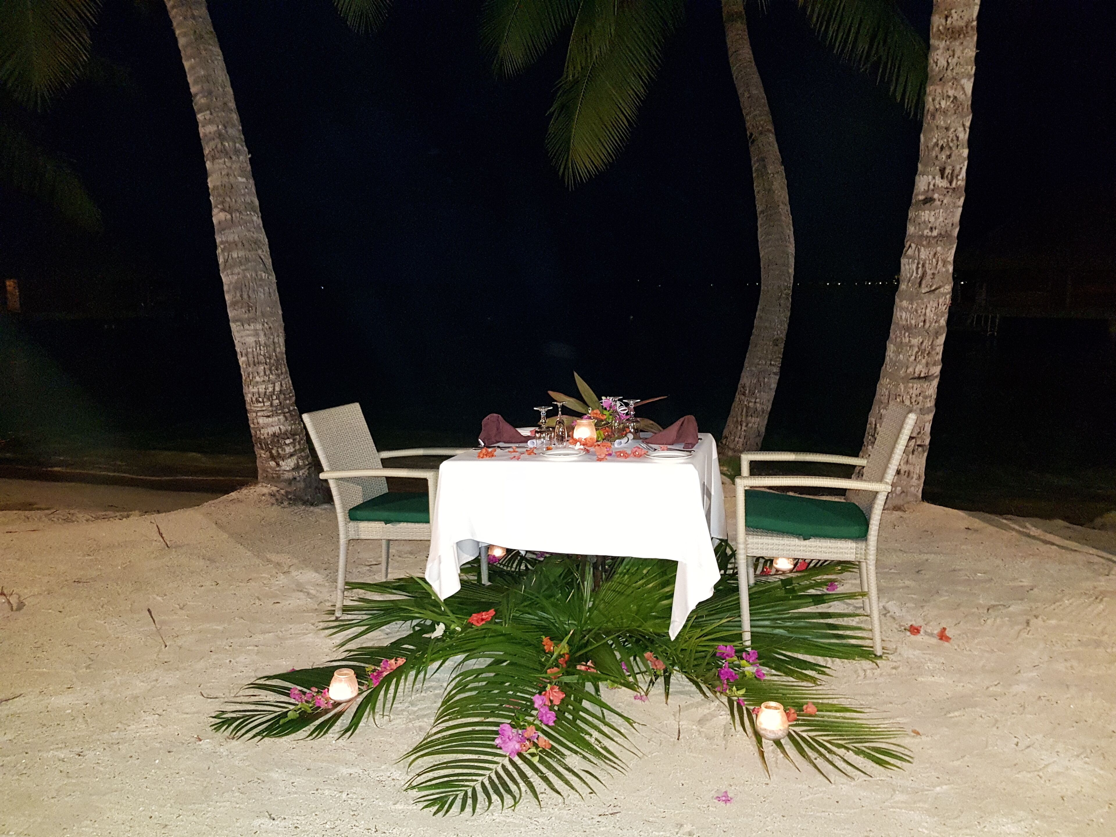 Een eettafel met stoelen op een zanderig strand, omringd door palmbomen en versierd met bloemen en kaarsen.