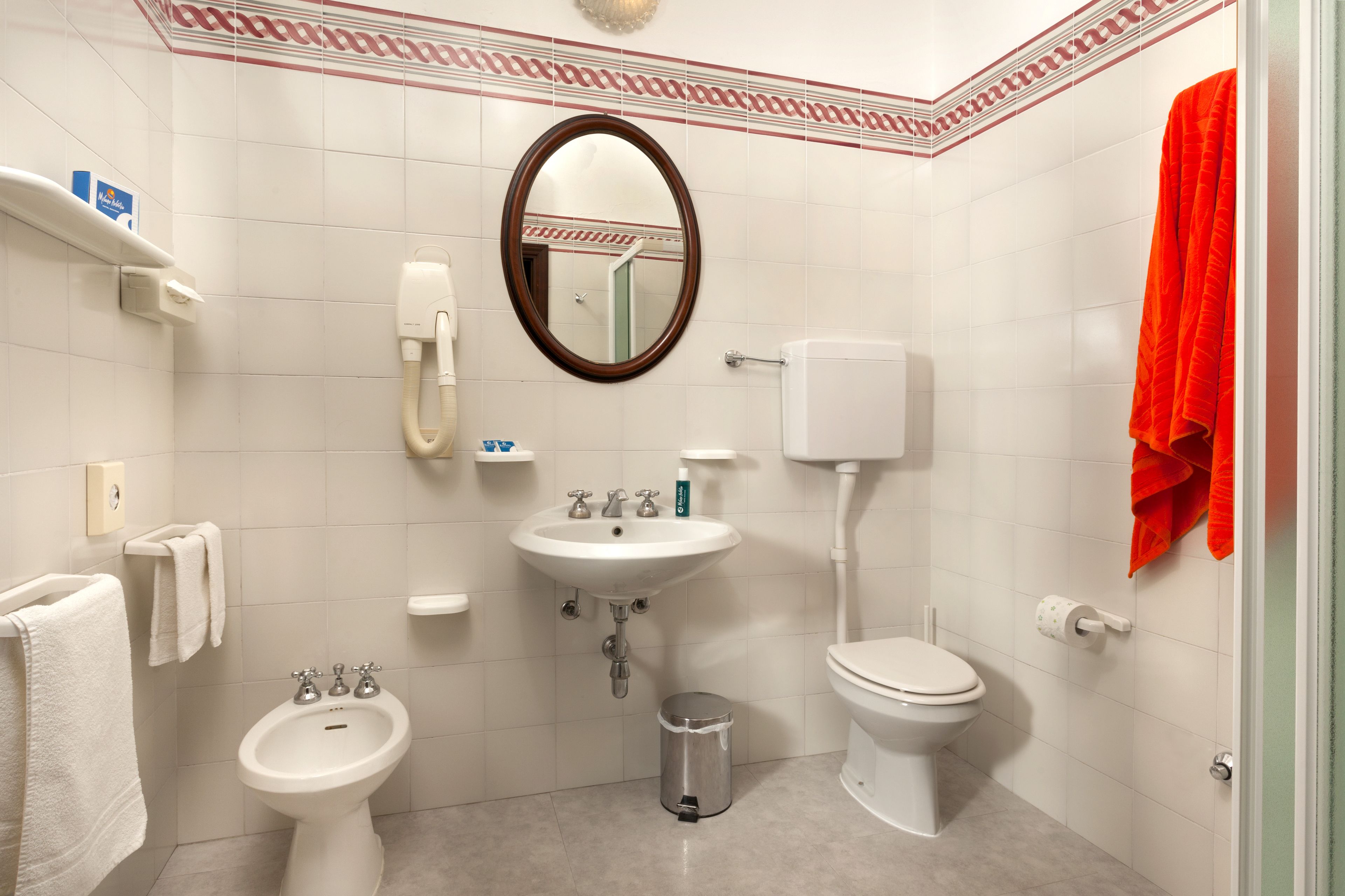 free toiletries, hair dryer, bidet, towels