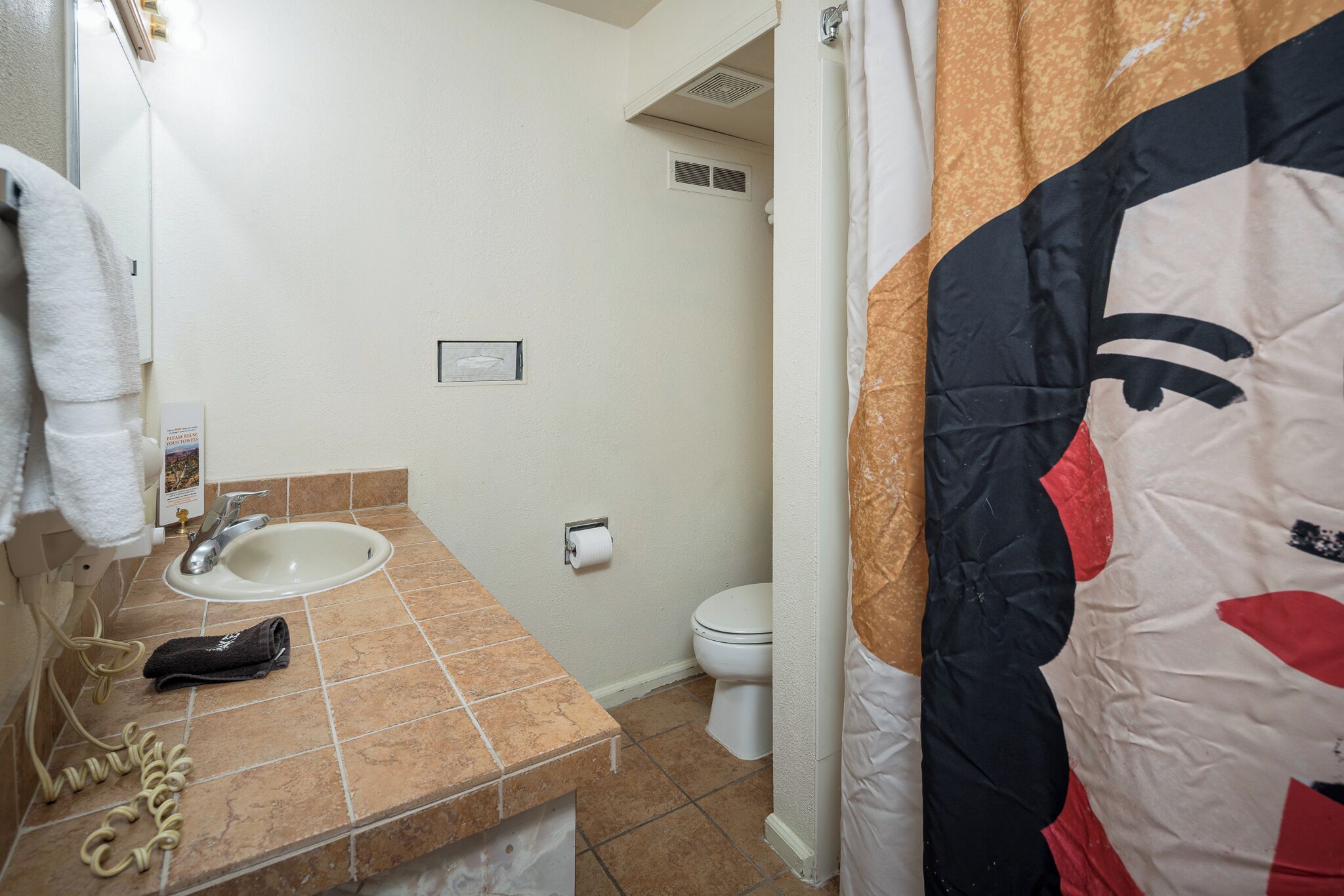 Une salle de bain avec un lavabo, des toilettes et un rideau de douche.