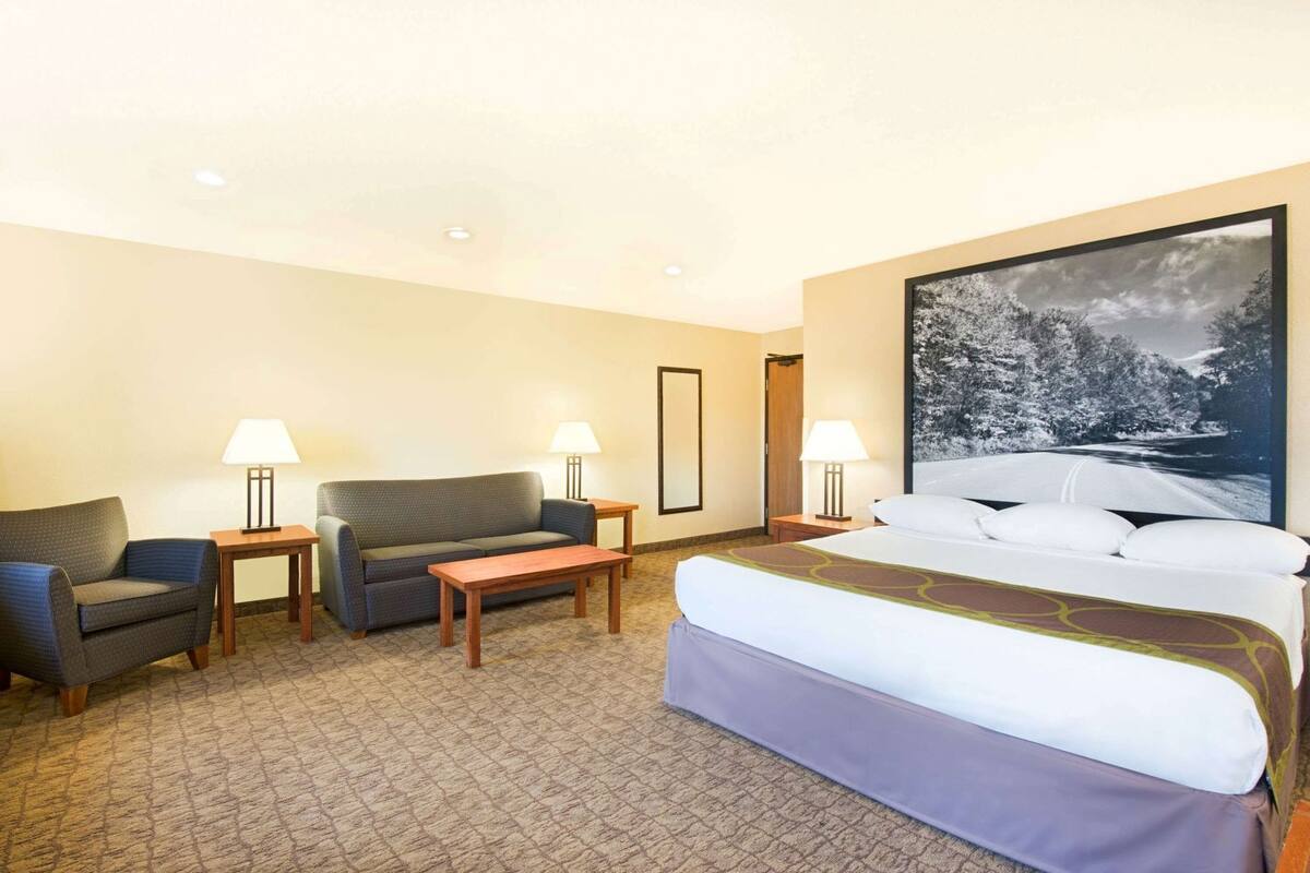 A hotel room with a bed, two armchairs, a small table, two bedside lamps, and a large painting on the wall.