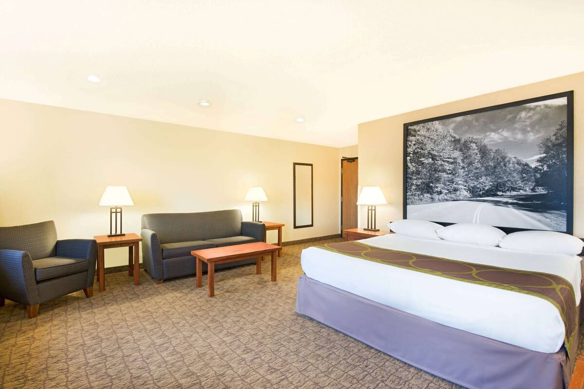 A hotel room with a bed, two armchairs, a sofa, a small table, and two lamps.