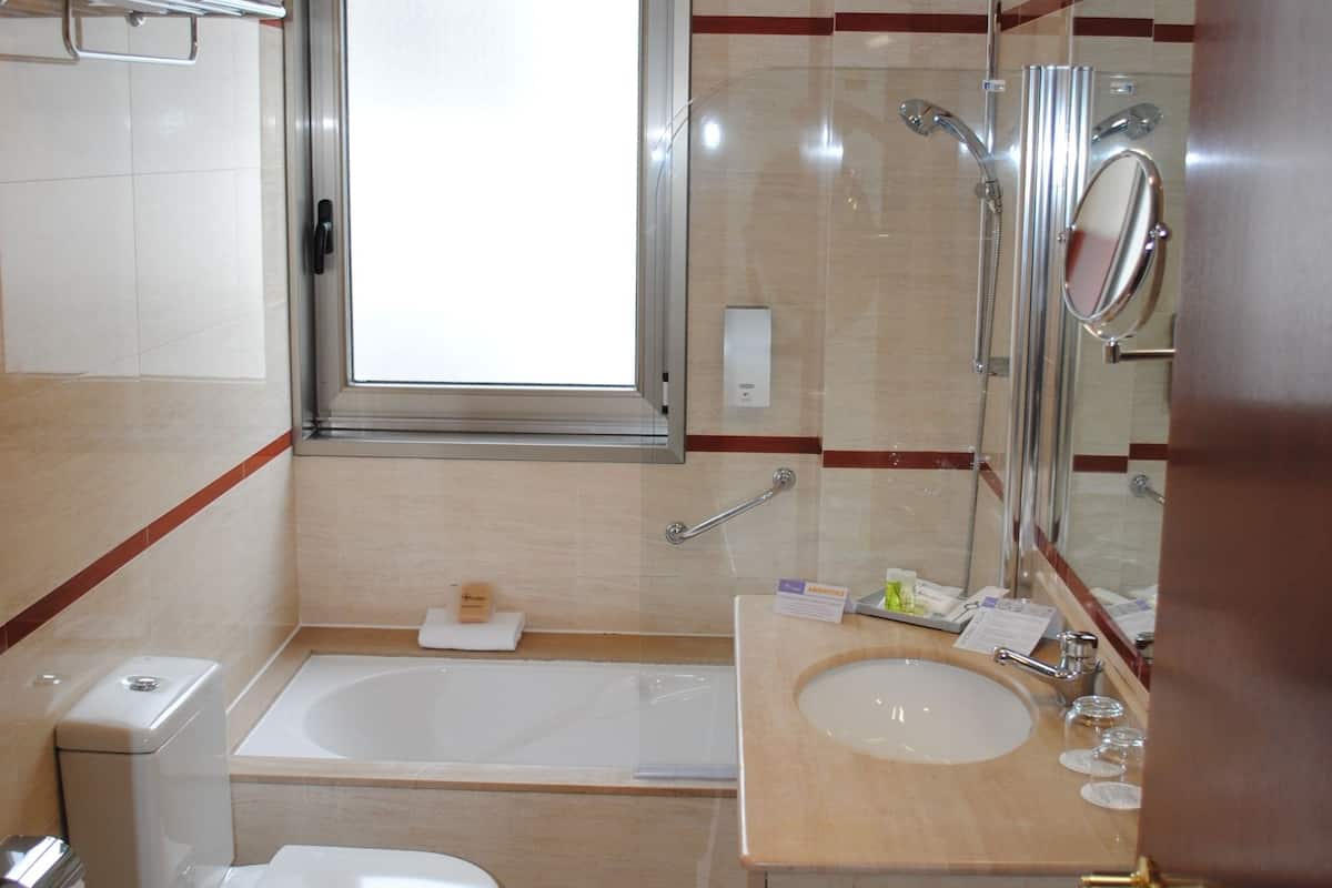 free toiletries, hair dryer, bidet, towels