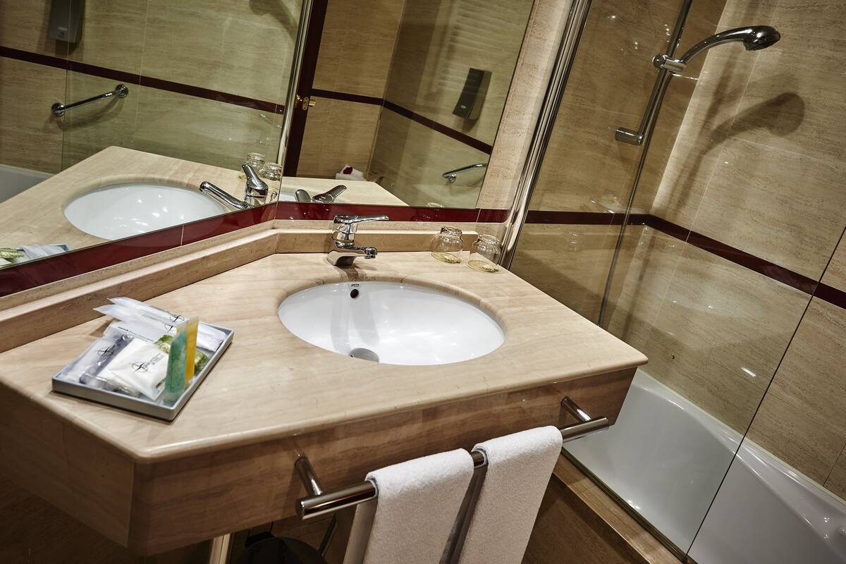 free toiletries, hair dryer, bidet, towels