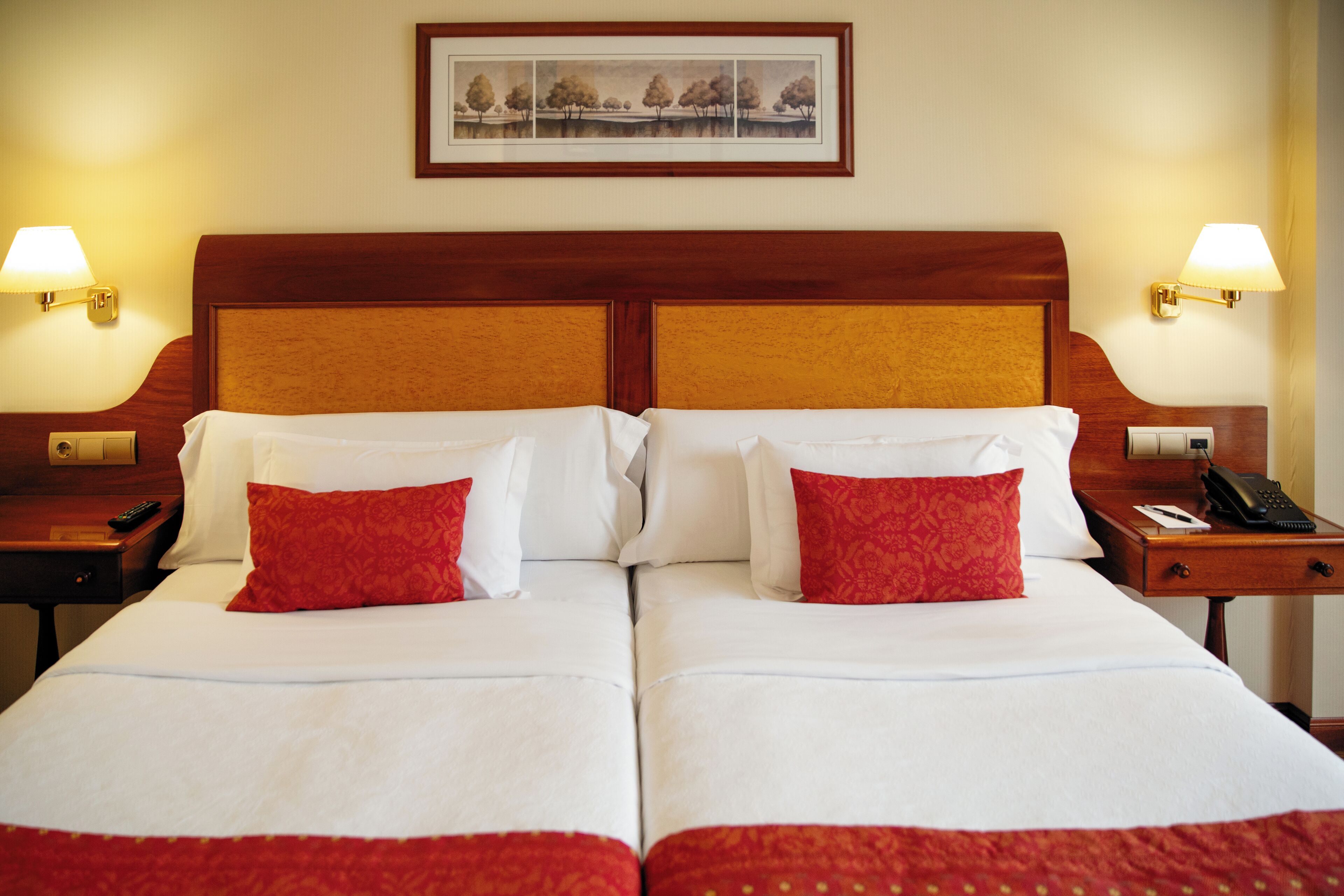 Una cama doble con sábanas blancas y almohadas rojas, dos mesitas de noche con lámparas y un cuadro en la pared.