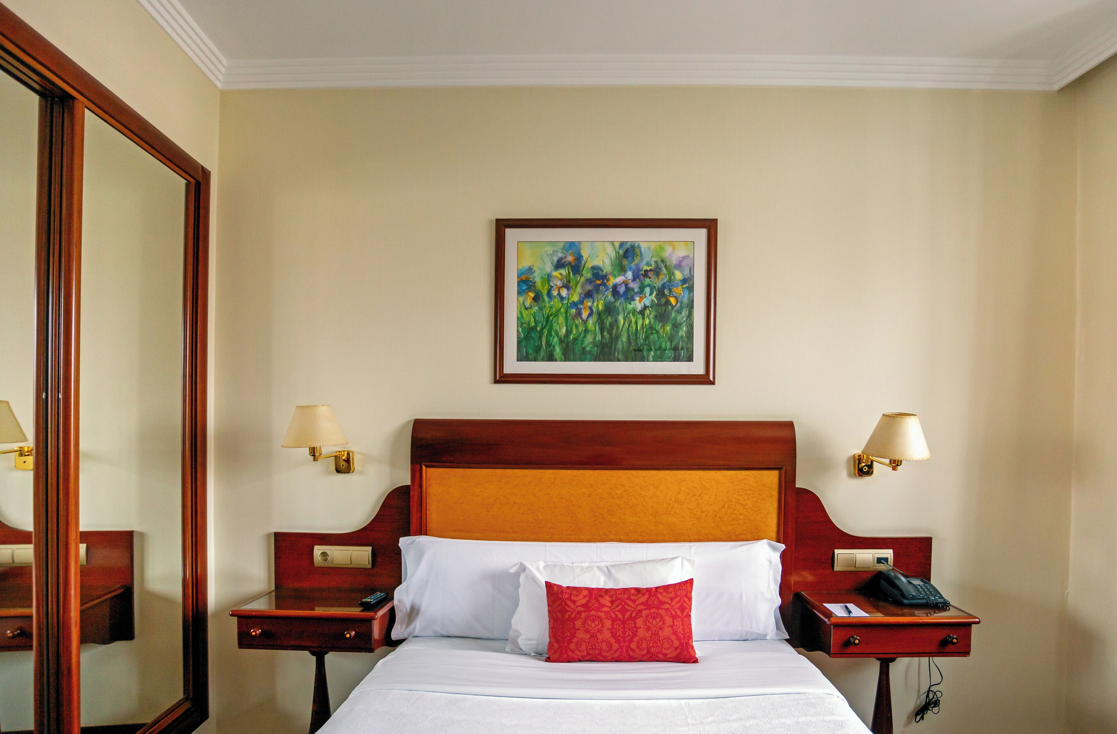 Habitación de hotel con una cama, una mesita de noche con lámpara, teléfono y un cuadro en la pared.