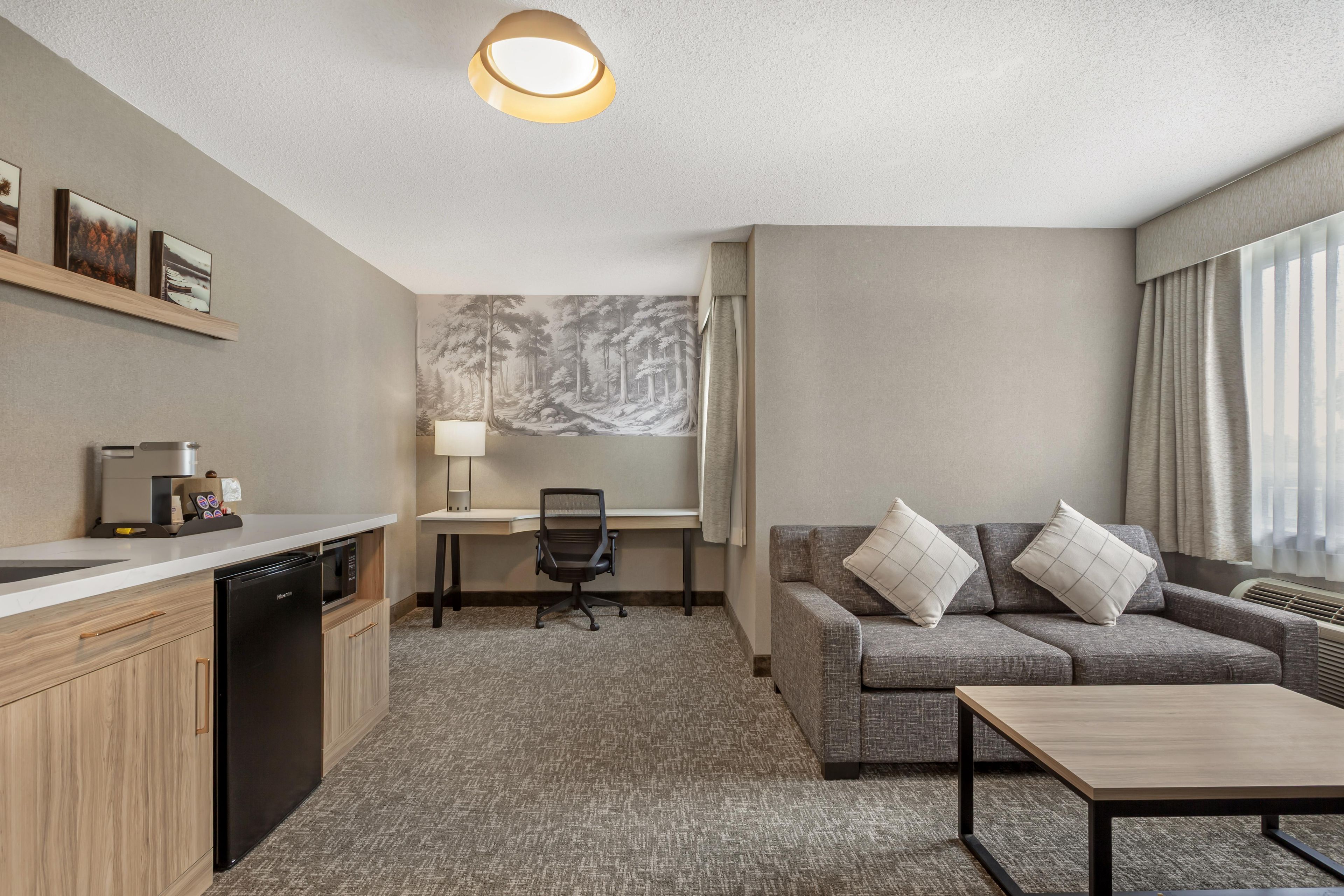 A hotel room with a kitchenette, a desk, a sofa, and a dining table.