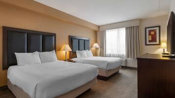 Hypo-allergenic bedding, pillow-top beds, desk, laptop workspace
