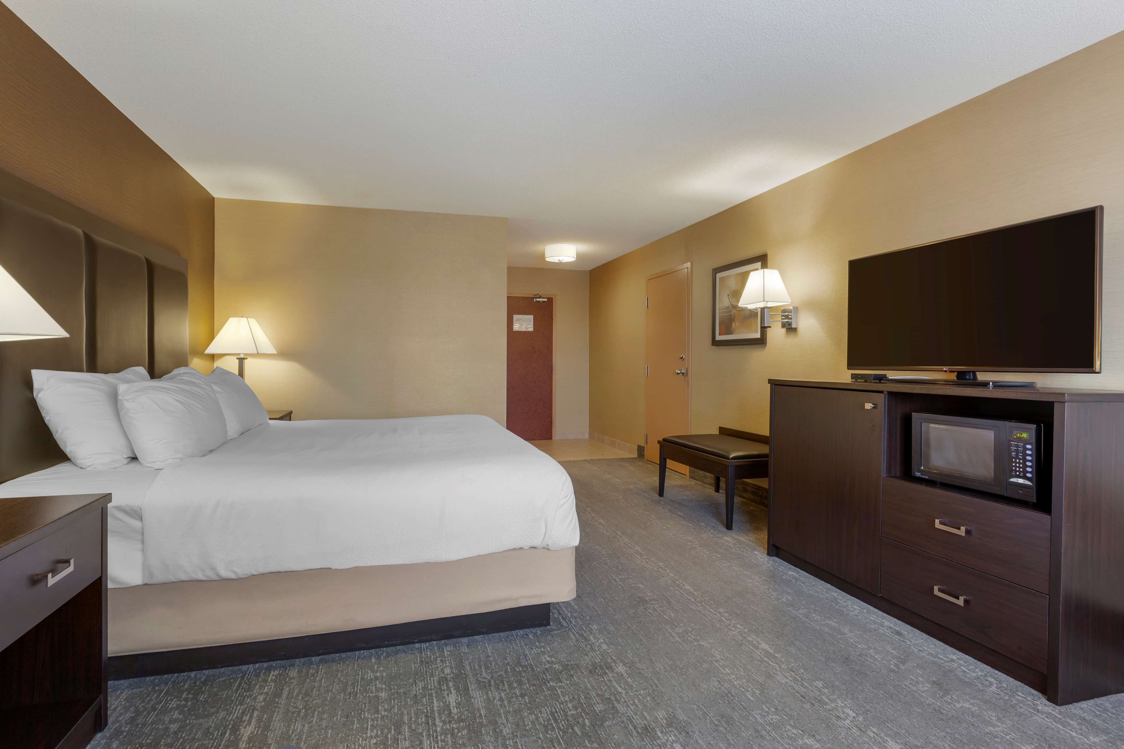 A hotel room with a bed, bedside table, lamp, TV, and a microwave in a cabinet.