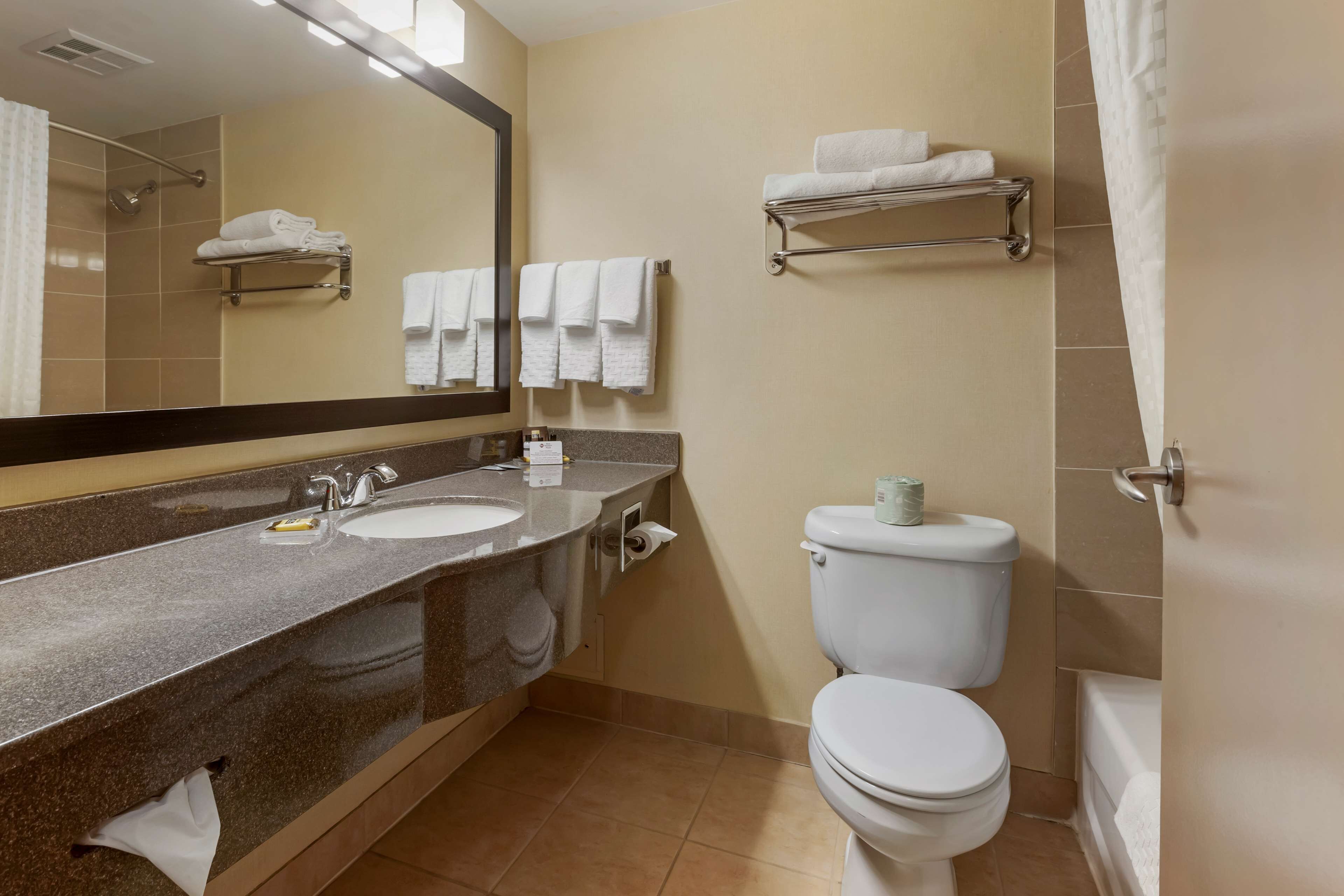 combined shower/bathtub, free toiletries, hair dryer, towels