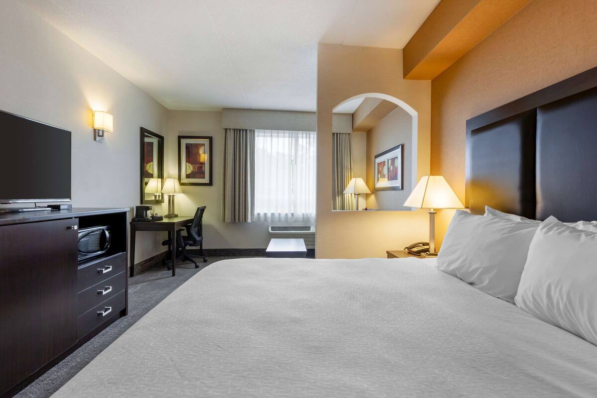 Une chambre d’hôtel avec un grand lit, un bureau avec une chaise, une télévision et une lampe.