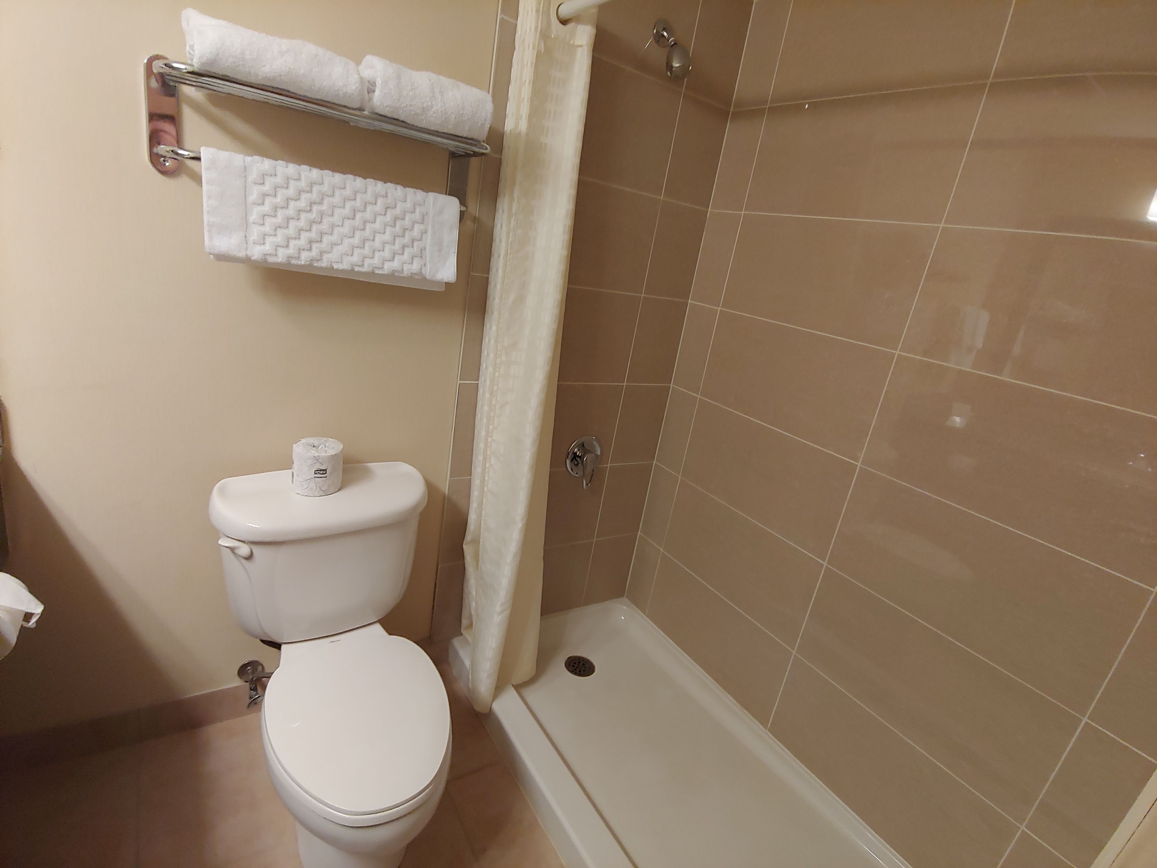 combined shower/bathtub, free toiletries, hair dryer, towels