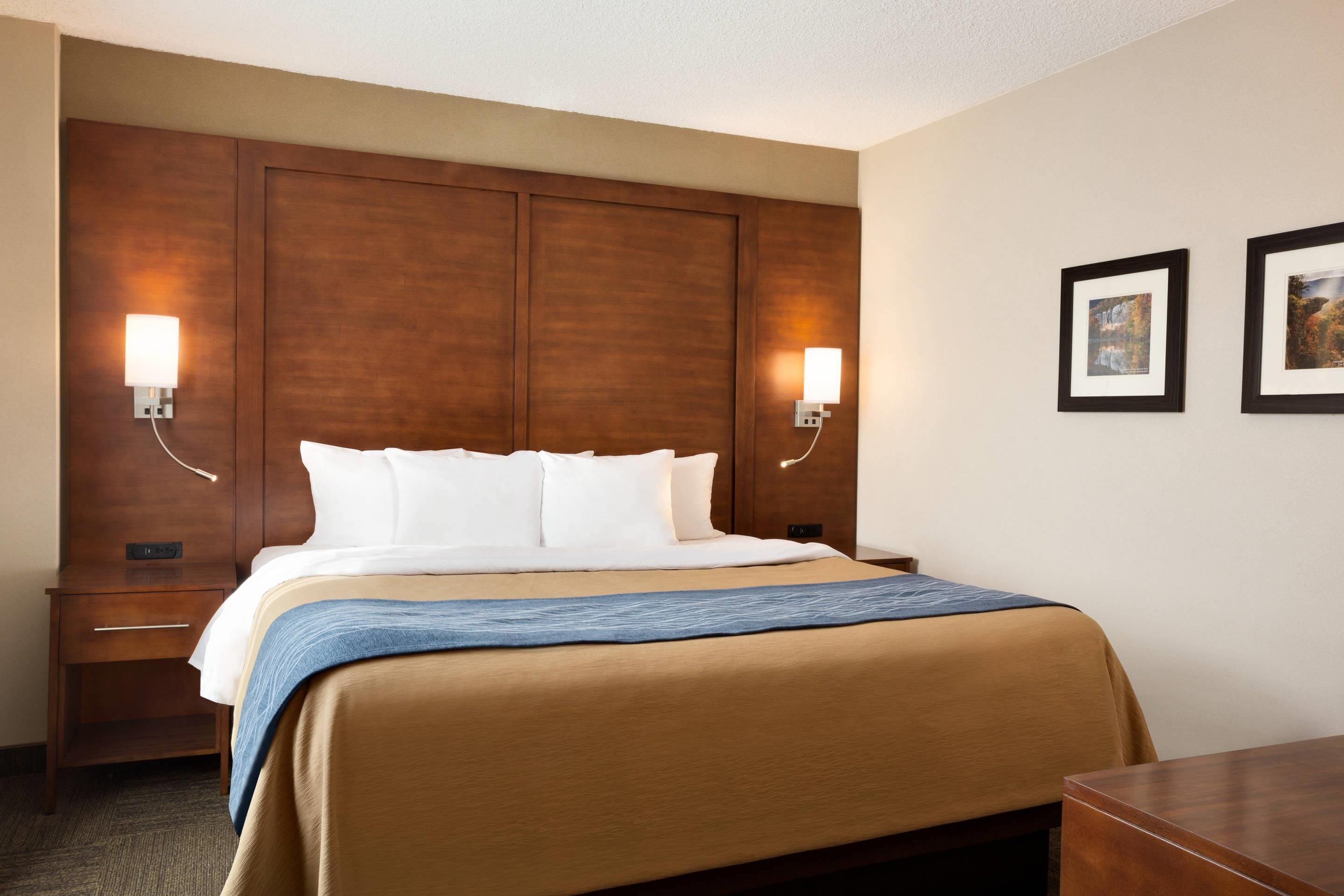 A hotel room with a large bed, two bedside tables, a wooden headboard, and two wall-mounted lamps.
