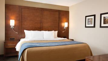 A hotel room with a large bed, two bedside tables, a wooden headboard, and two wall-mounted lamps.