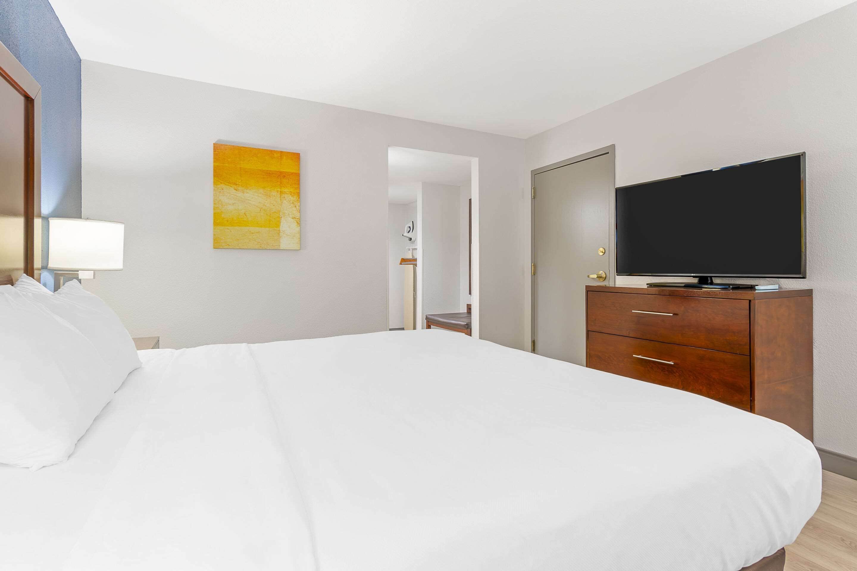 Una habitación de hotel con una cama grande, un televisor sobre una cómoda de madera y un cuadro en la pared.